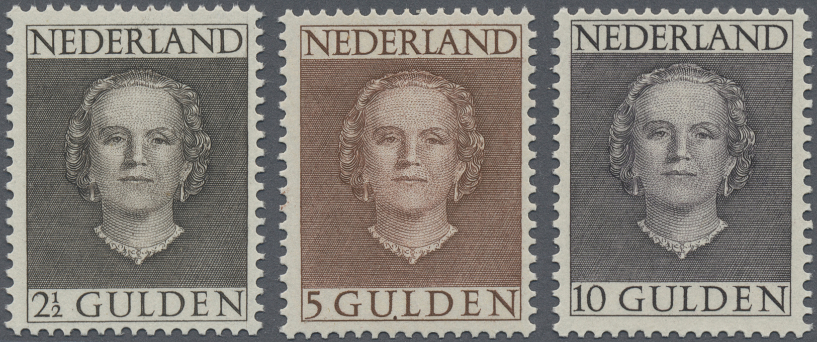 ** Niederlande: 1949, Freimarken: Königin Juliana Höchstwerte 2 1/2 - 10 Gulden, 3 Werte Einwandfrei Postfrisch, - Lettres & Documents