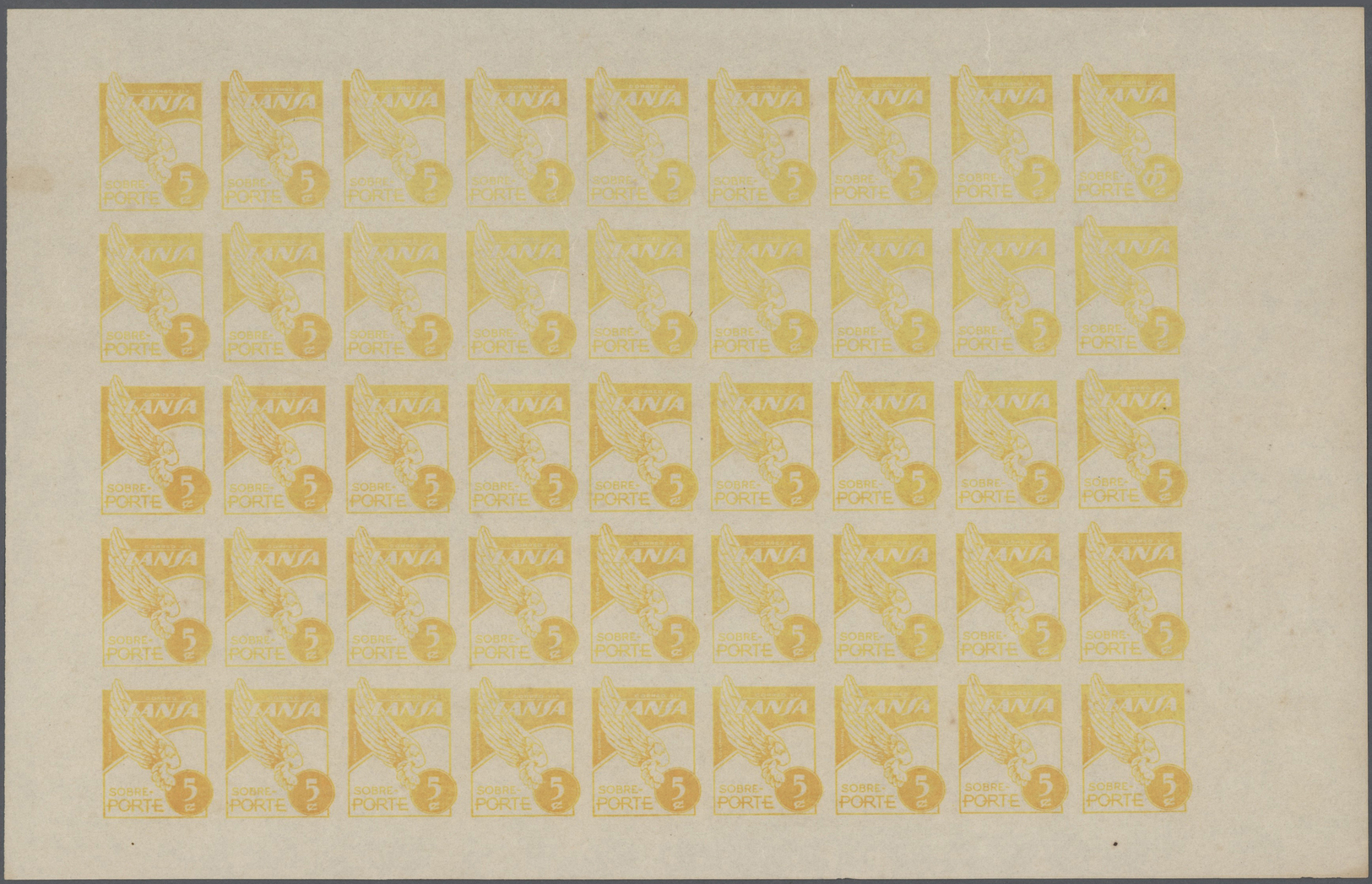 (*) Kolumbien: 1950, Imperforate PROOF Pane Of LANSA Airmail Issue 5c. Yellow With 45 Complete Impressions On Ungummed T - Colombia