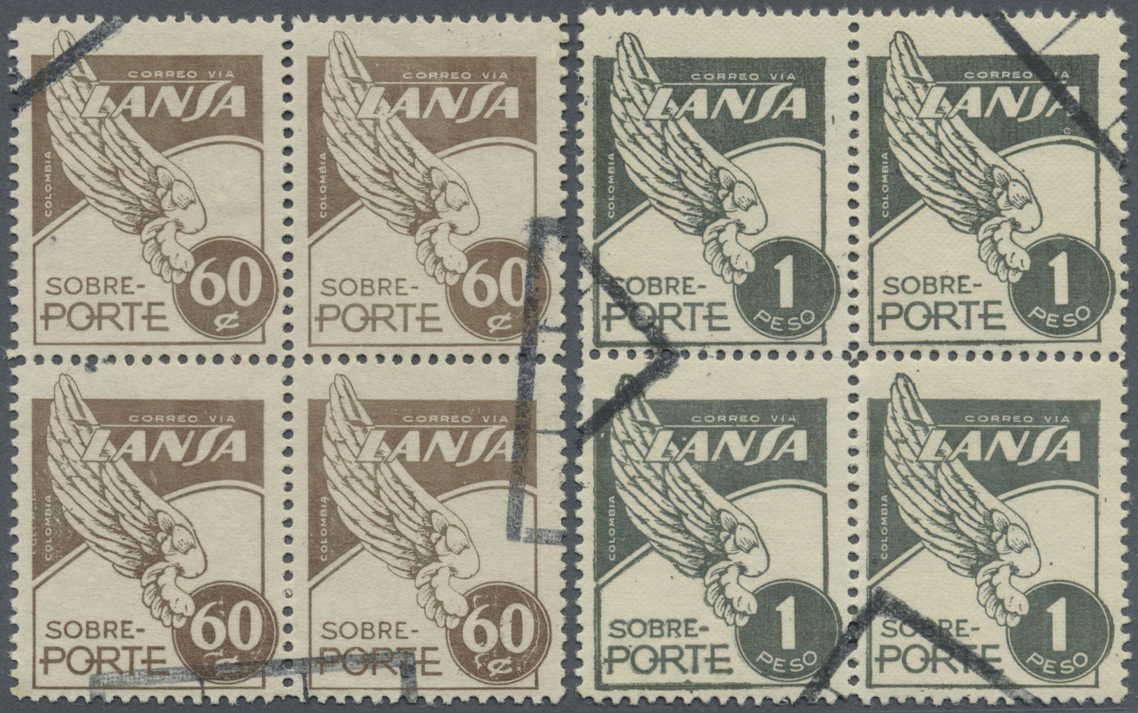 O Kolumbien: 1950, Airmail Issue LANSA (Lineas Aereas Nacionales Sociedad Anonima) Complete Set In Used Blocks/4, Scarce - Colombia