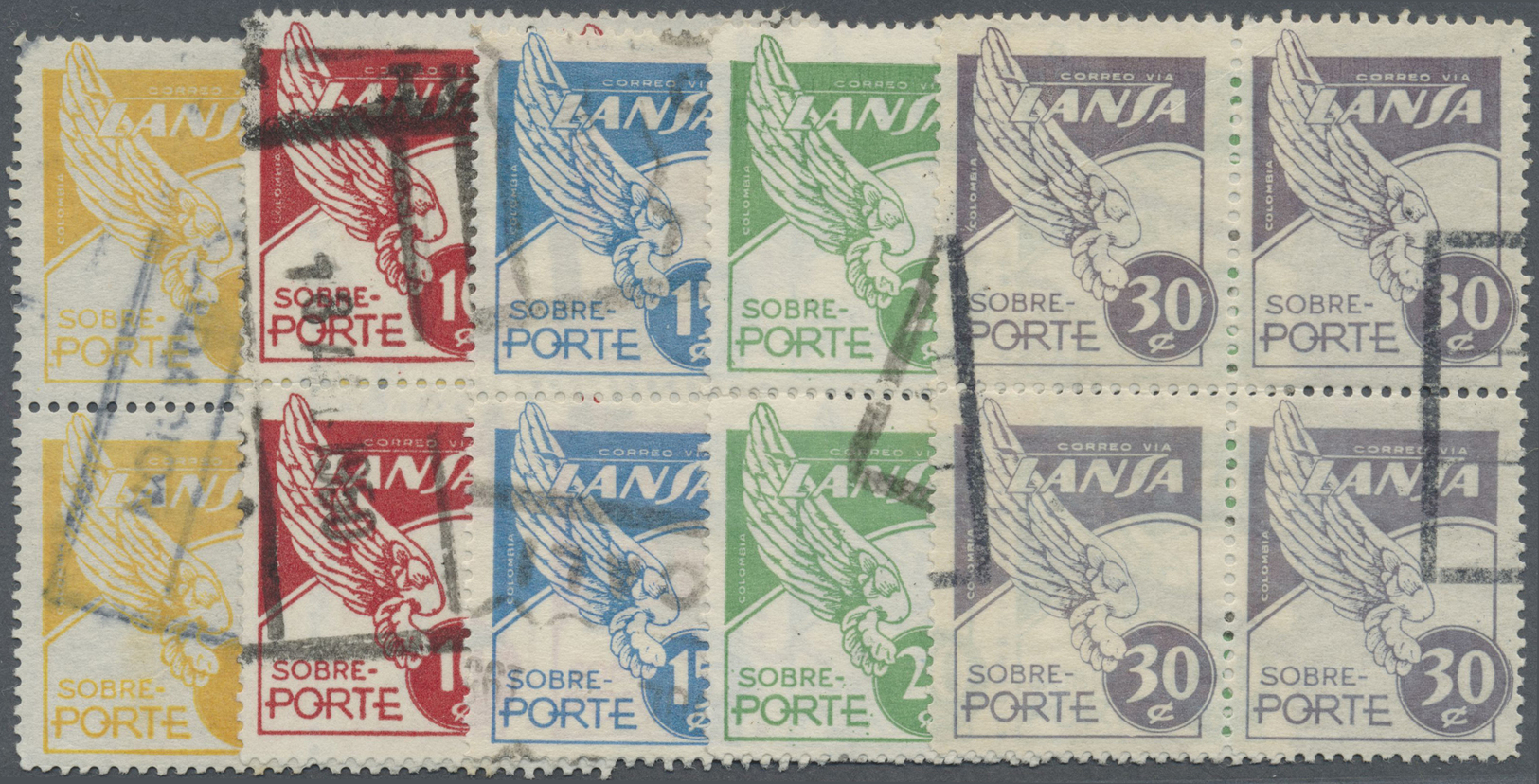 O Kolumbien: 1950, Airmail Issue LANSA (Lineas Aereas Nacionales Sociedad Anonima) Complete Set In Used Blocks/4, Scarce - Colombia