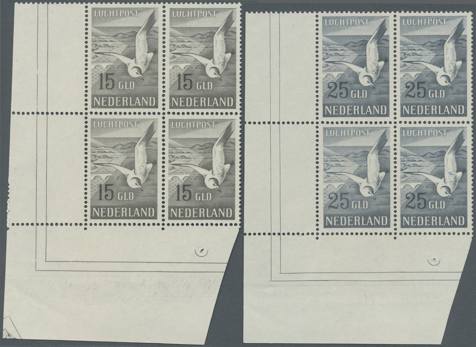**/ Niederlande: 1951, Flugpostmarken (Möwe) 15 Und 25 Gulden Im Tadellosen Postfrischen Eckrand-Viererblock Aus D - Covers & Documents