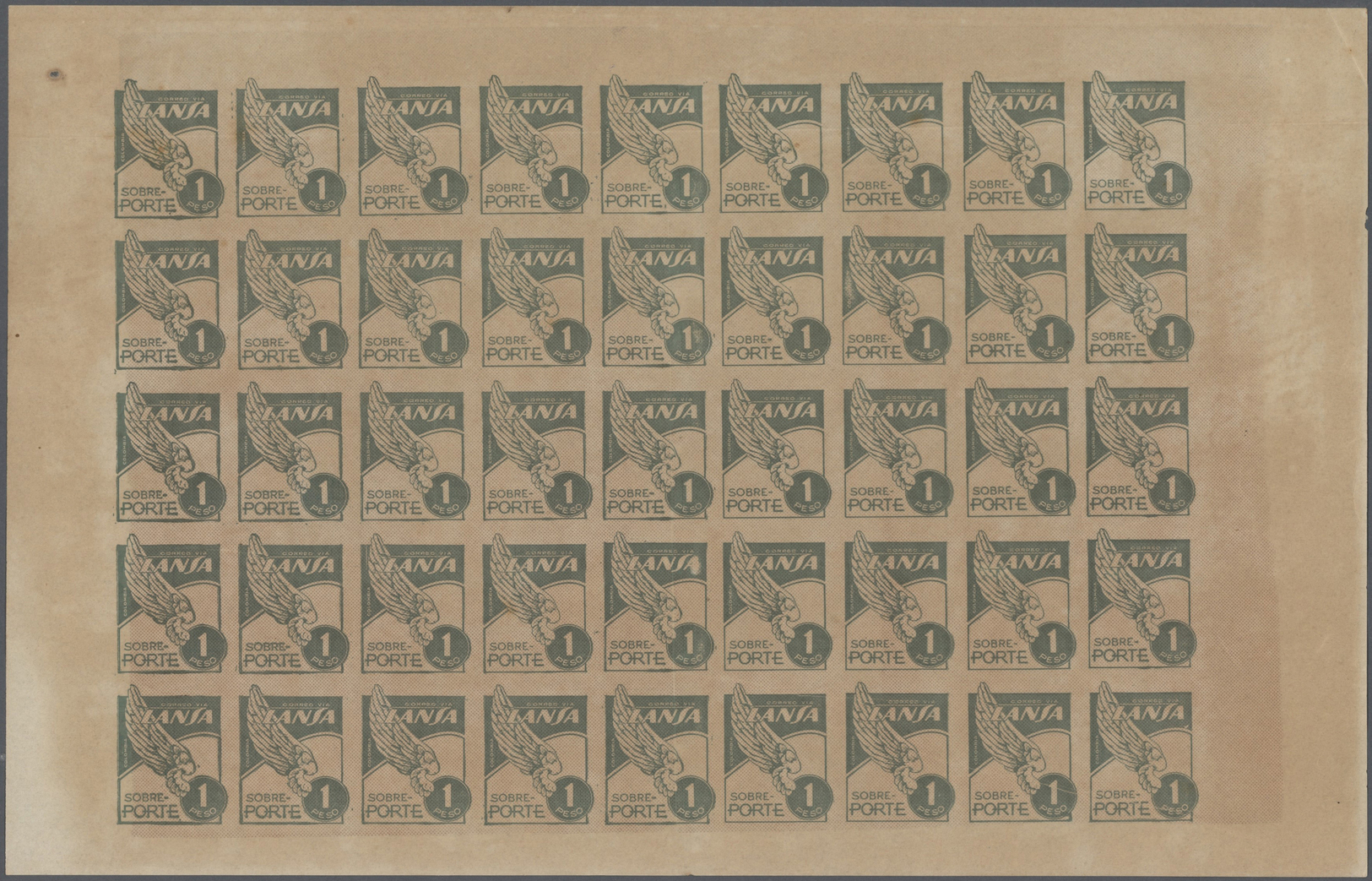 (*) Kolumbien: 1950, Imperforate PROOF Pane Of LANSA Airmail Issue 1p. Grey With 45 Complete Impressions On Ungummed Thi - Colombia