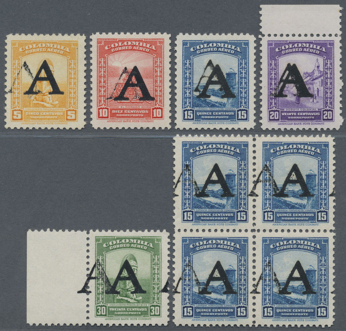 **/* Kolumbien: 1950, Country Scenes Airmail Issue Nine Values With DOUBLE Opt. 'A' (Avianca) Incl. 5c. Orange To 30c. G - Kolumbien