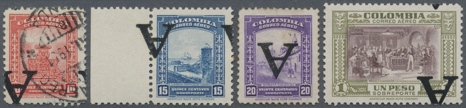 **/*/O Kolumbien: 1950, Country Scenes Airmail Issue Four Different Values With INVERTED Opt. 'A' (Avianca) Incl. 10c. U - Kolumbien