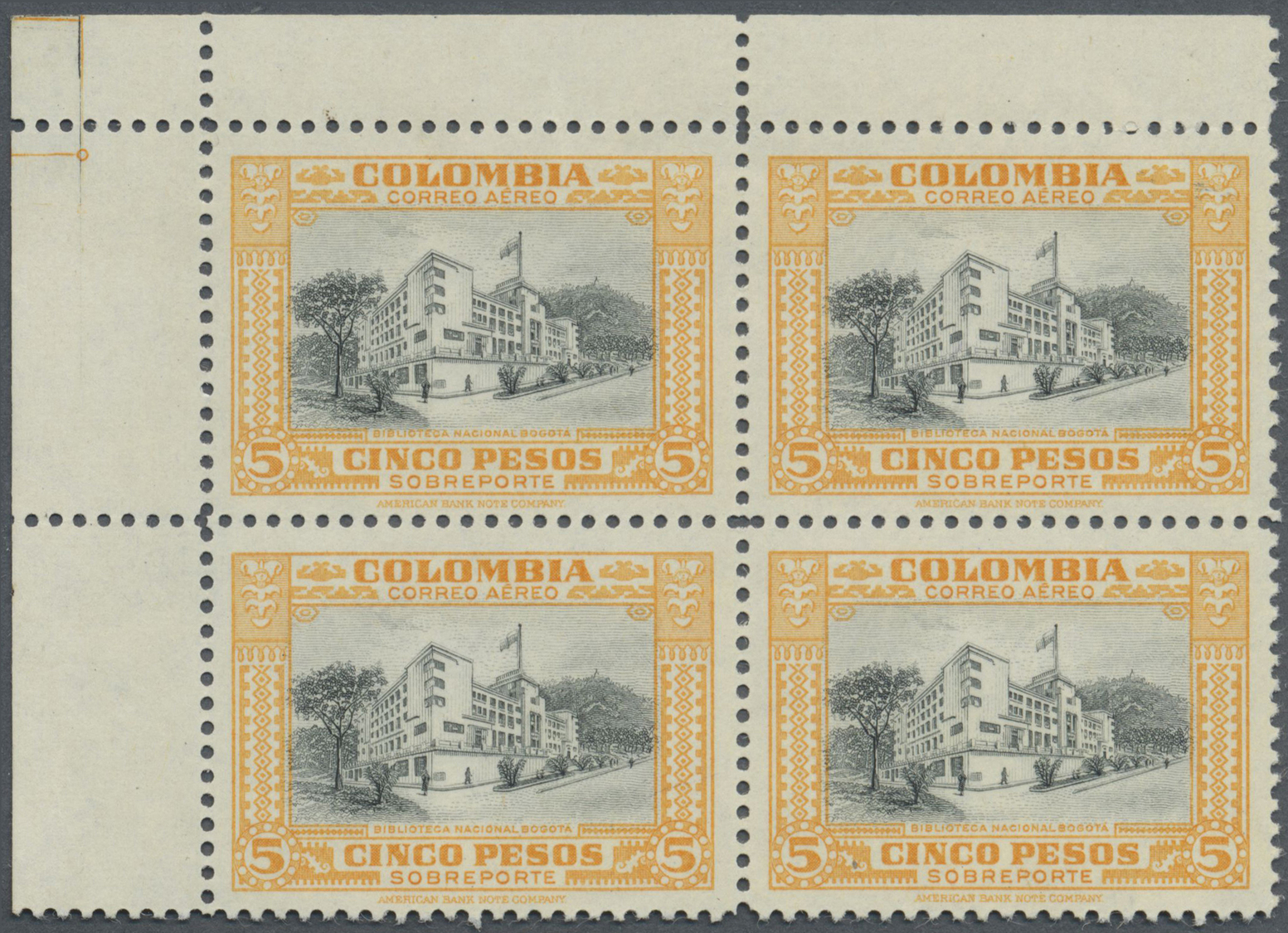 ** Kolumbien: 1951, Country Scenes 5p. Orange/grey Block/4 From Upper Left Corner WITHOUT Opt. And UNISSUED In This Cond - Colombia