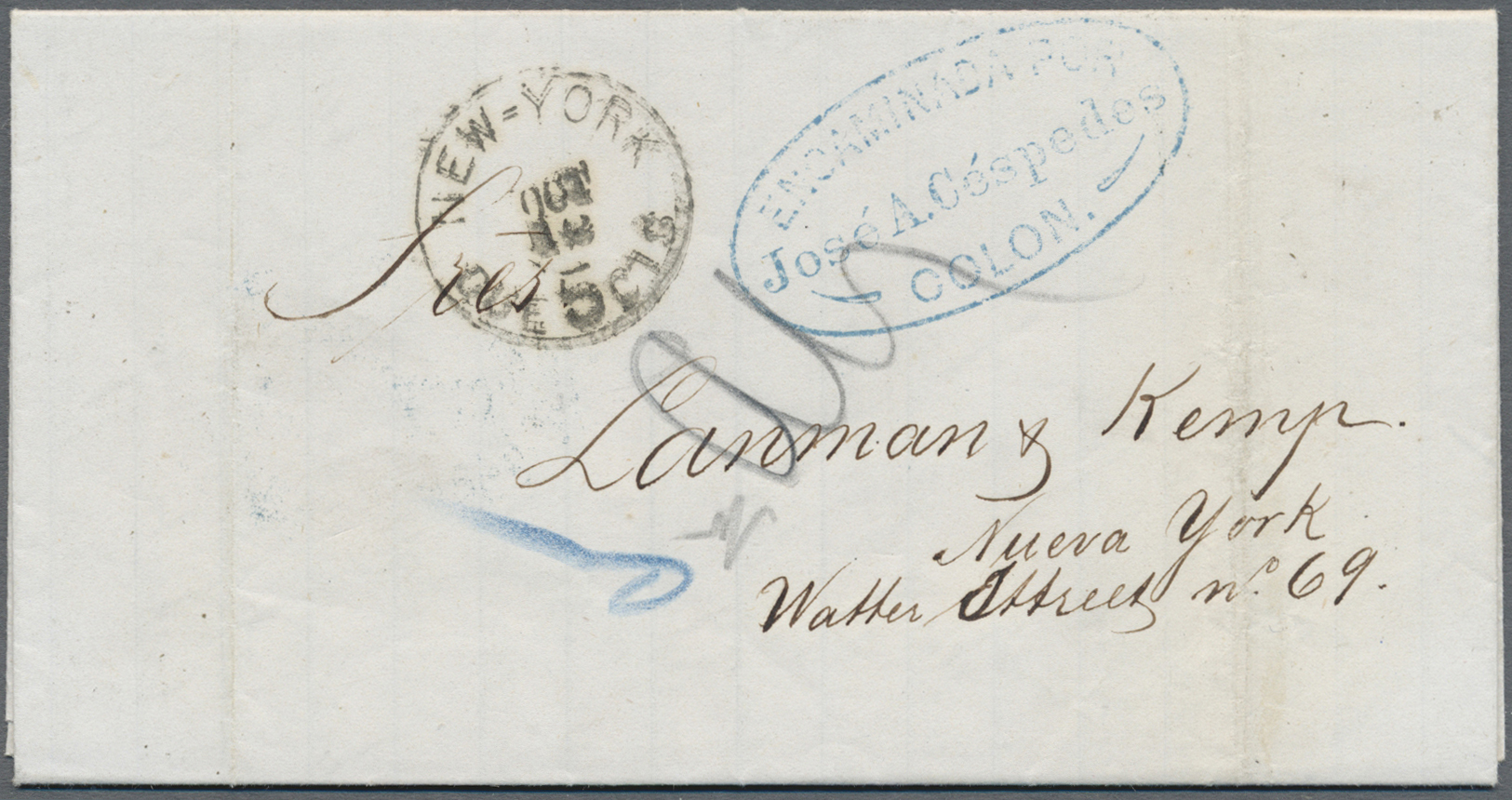 Br Kolumbien - Stempel: 1875 (July 15), Entire Letter Sent From Bucaramanga To New York With Two Blue Oval Forwarded Can - Kolumbien