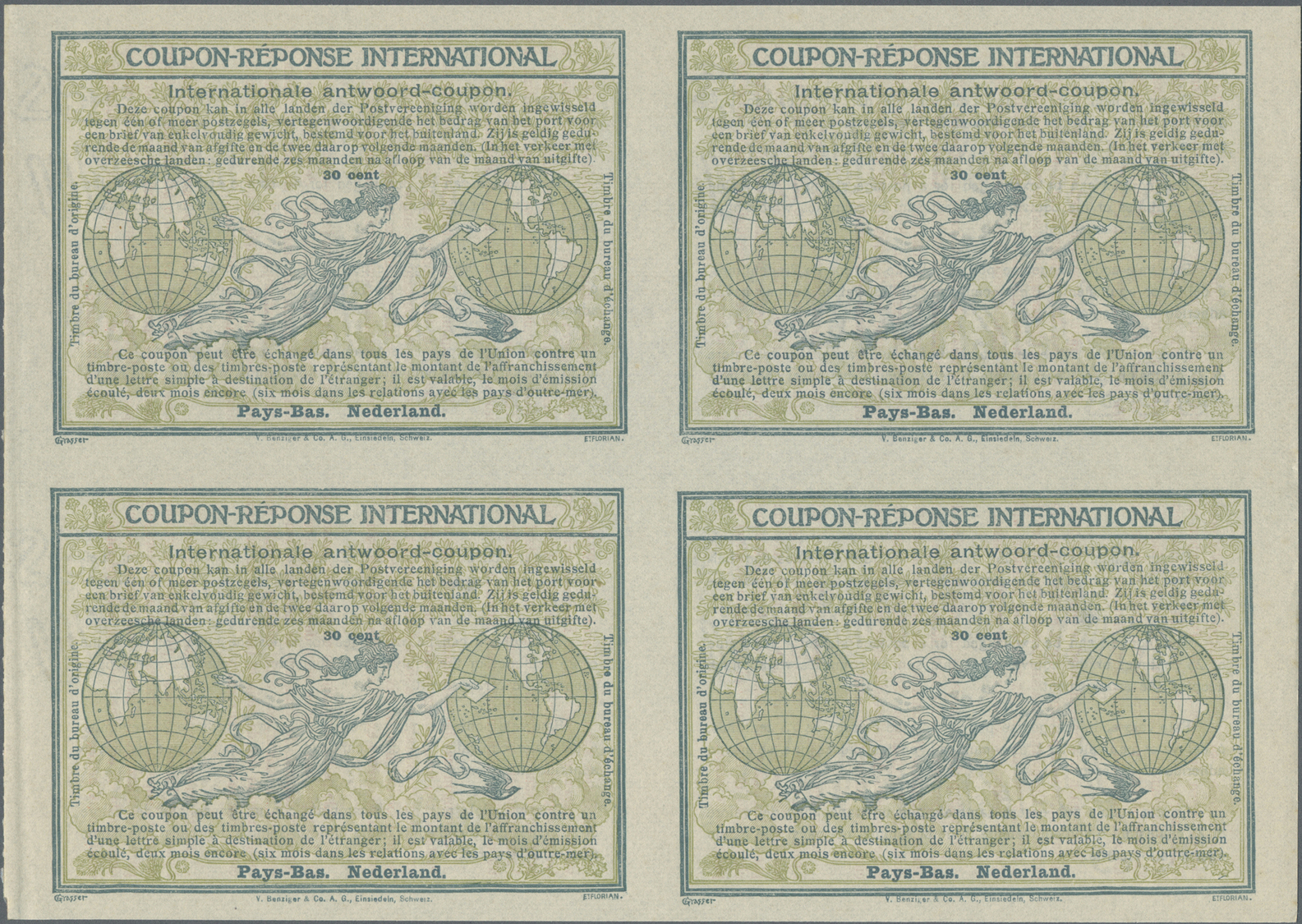 GA Niederlande - Ganzsachen: Design "Madrid" 1920 International Reply Coupon As Block Of Four 30 Cent Nederland. - Entiers Postaux