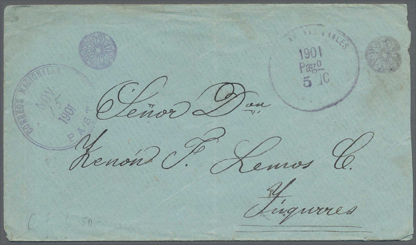 Br Kolumbien - Stempel: PASTO NOV 15 1901 And Rare "1901 Pago 5 C" Two Rare Violed Paid Duplex-cancels On Stampless Enve - Colombia