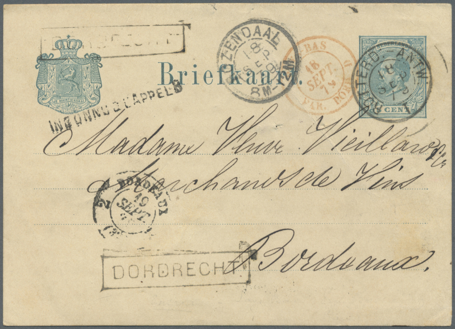 GA Niederlande - Stempel: 1879, 5 Cent Ganzsachenkarte Ab DORDRECHT Nach Bordeaux Mit Bahnpoststempel "ROTTERD.-A - Postal History