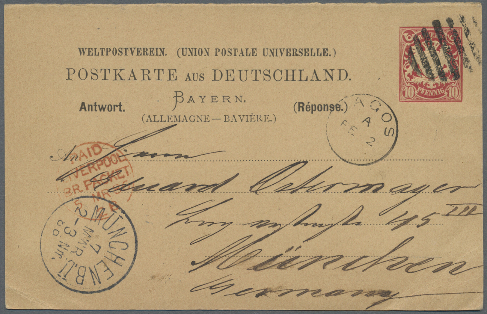 GA Lagos: 1886, "LAGOS A FE 2 86" And Barr-cancel On Early Bavarian Stationery Card 10 Pf Sent Back With Red Cds "PAID L - Nigeria (...-1960)