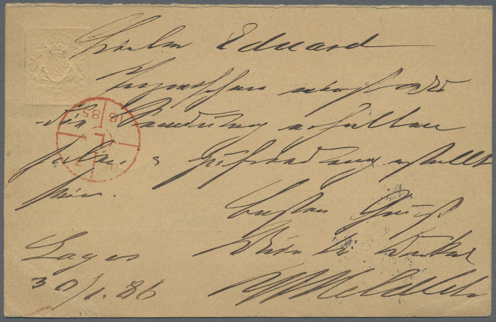 GA Lagos: 1886, "LAGOS A FE 2 86" And Barr-cancel On Early Bavarian Stationery Card 10 Pf Sent Back With Red Cds "PAID L - Nigeria (...-1960)