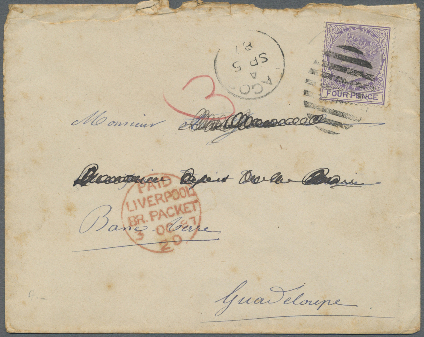 Br Lagos: 1887. Envelope Addressed To Basse-Terre, Guadeloupe Bearing Lagos SG 24, 4d Violet Tied By Bar Obliterator Wit - Nigeria (...-1960)