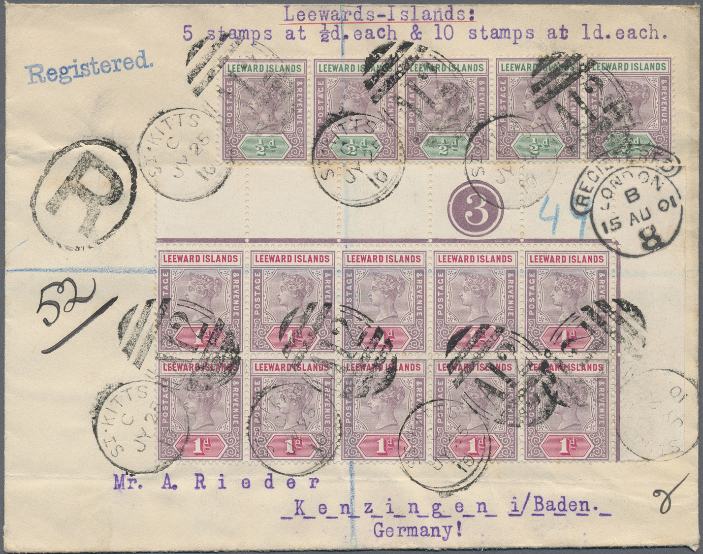 Br Leeward-Inseln: 1901, 1 D Qv Block Of Ten From Upper Right Corner With De La Rue Plate No. "3" And 1/2 D Strip Of Fiv - Leeward  Islands