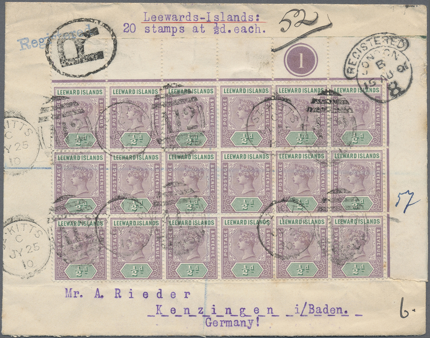 Br Leeward-Inseln: 1901, 1 D Qv Block Of 18 From Upper Right Corner With De La Rue Plate No. "1" And Two Examples On Rev - Leeward  Islands