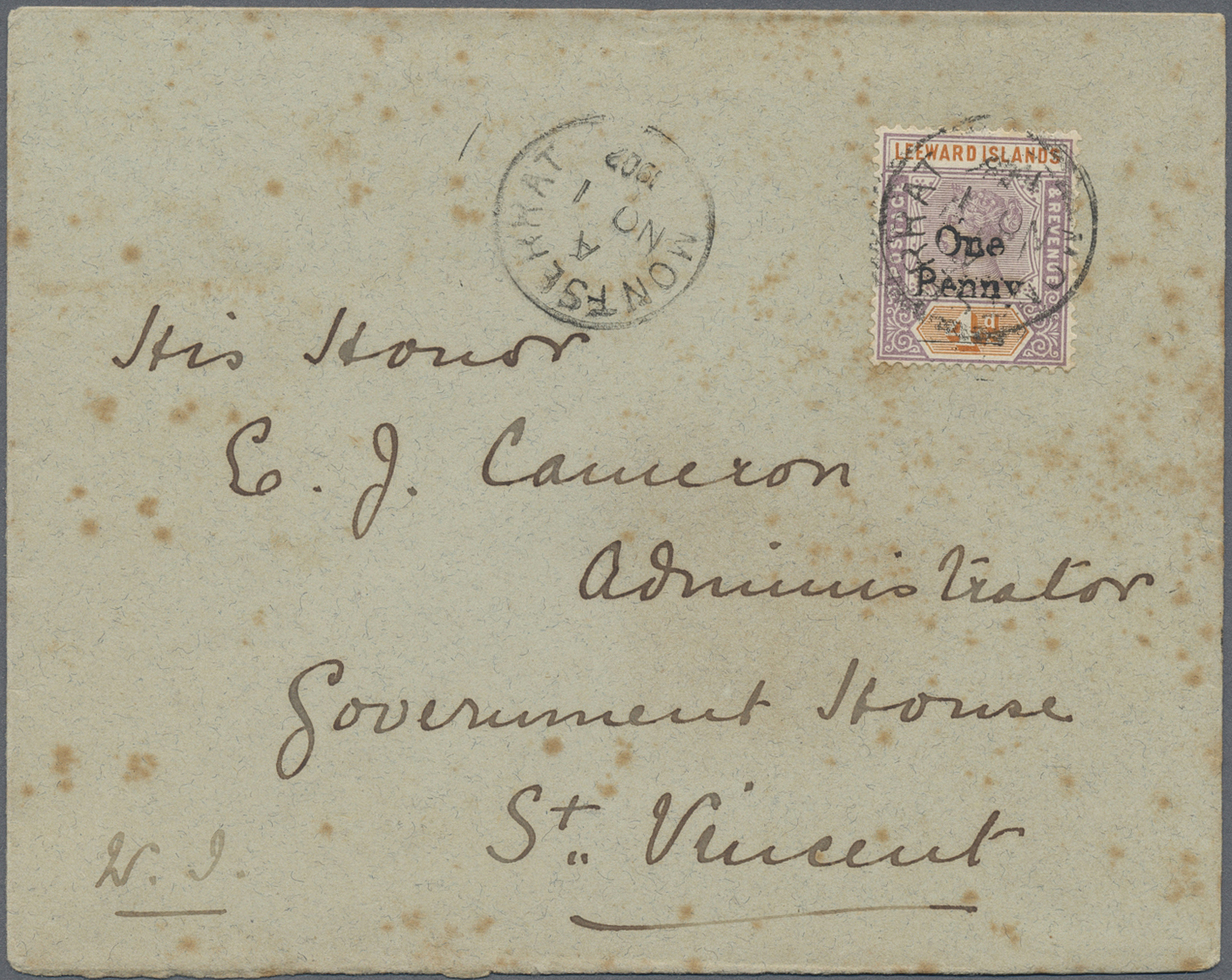 Br Leeward-Inseln: 1902. Envelope (fox Spots) Addressed To 'Government House, St Vincent' Bearing SG 17, 1d On 4d Mauve  - Leeward  Islands