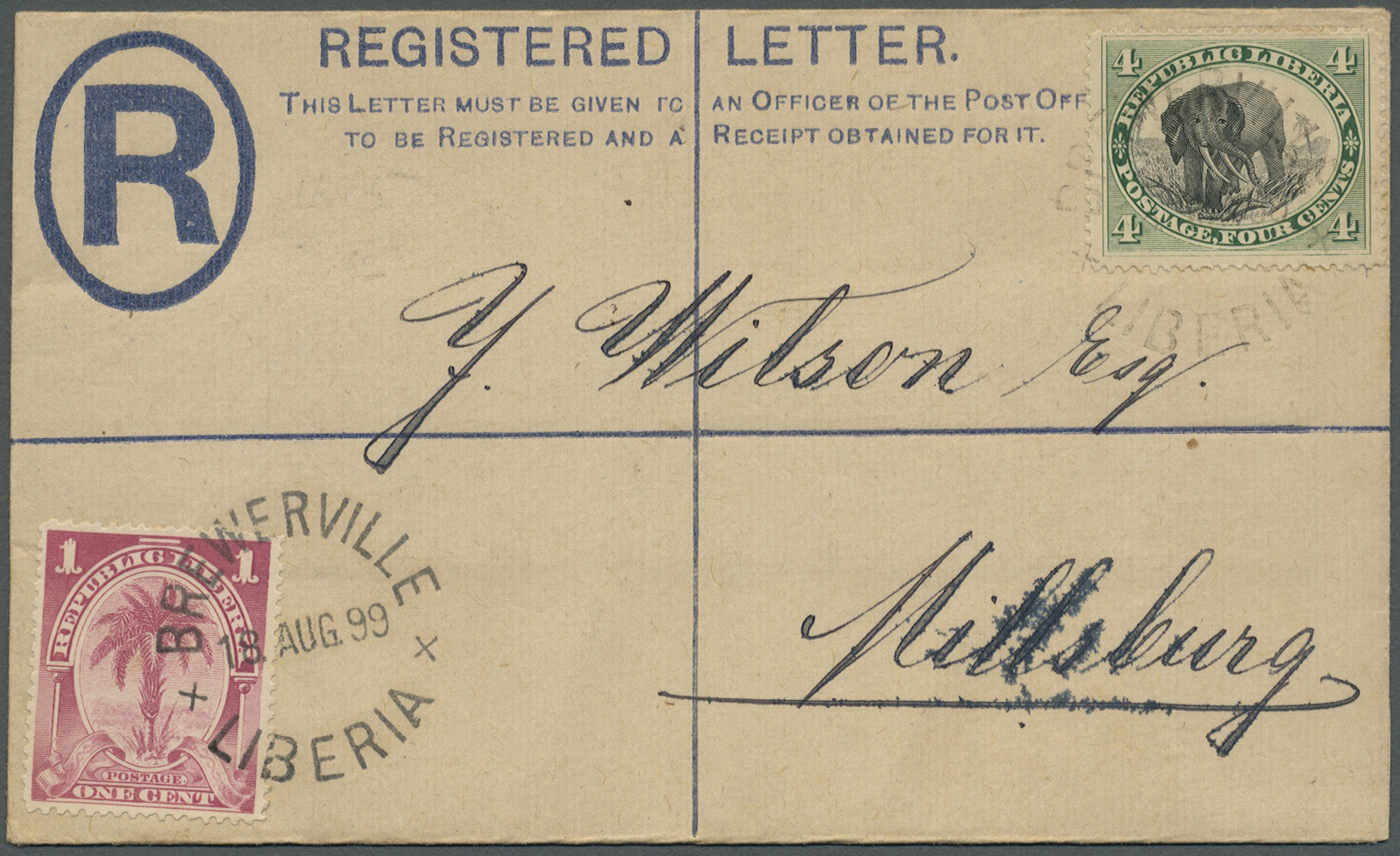 GA Liberia: 1899. Registered Envelope 10c Grey-green Upgraded With Yvert 28, 4c Green And Black And Yvert 41, 1c Lilac T - Liberia