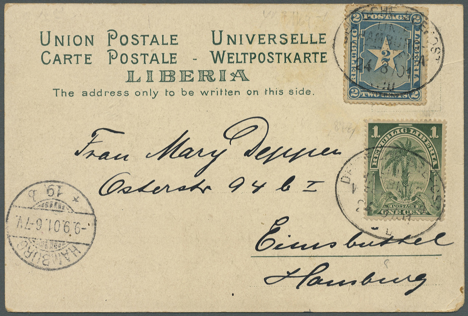 Br Liberia: 1901. Picture Post Card Written From Monrovia Addressed To Germany Bearing Yvert 27, 2c Blue And Yvert 51, 1 - Liberia