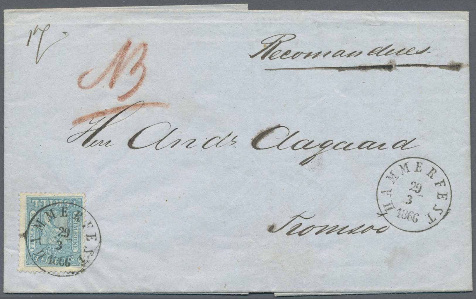 Br Norwegen: 1866, Folded Letter Franked With 4 Skilling Coat Of Arms Nicely Cancelled HAMMERFEST Sent Registered - Neufs