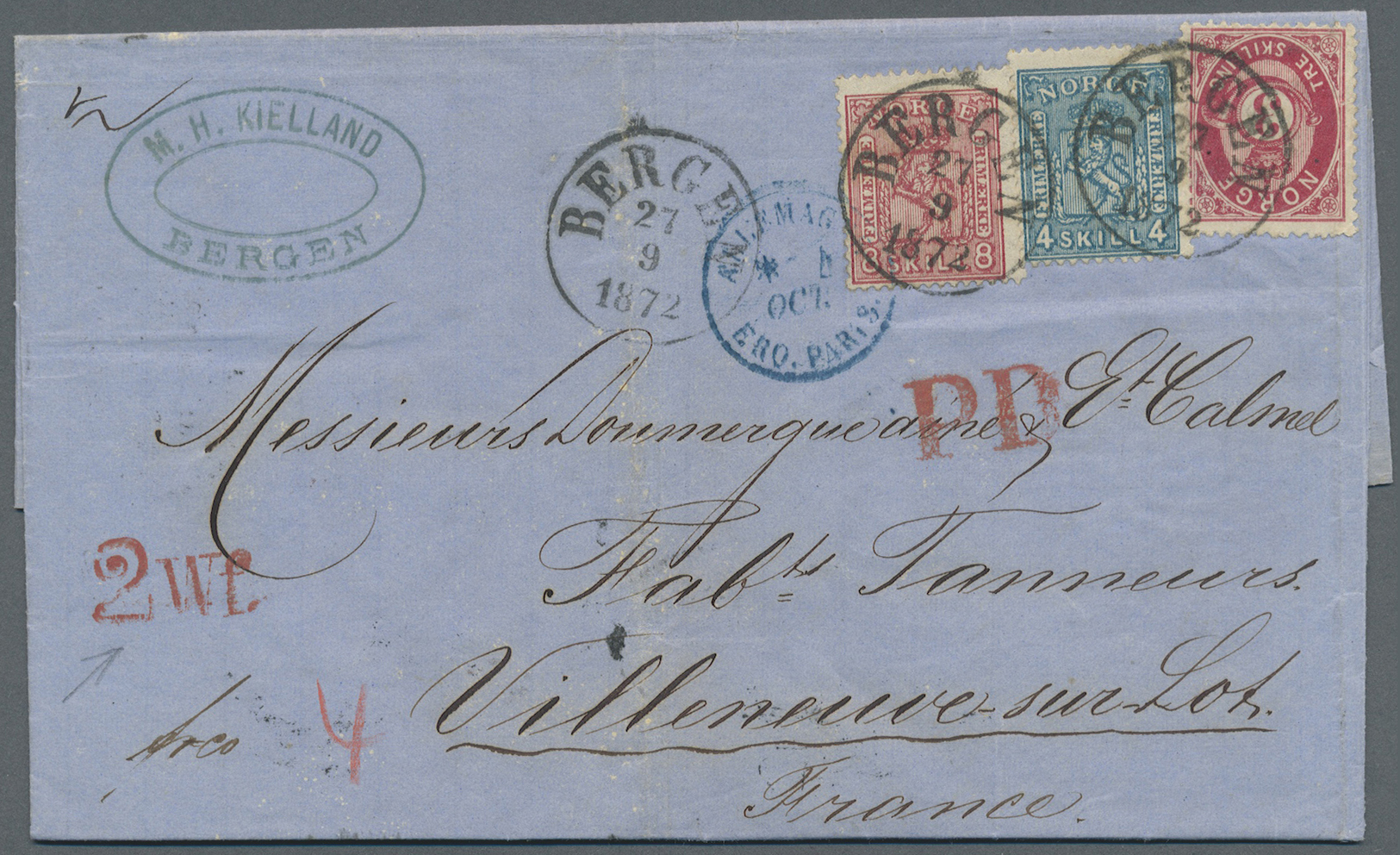 Br Norwegen: 1872. Envelope Addressed To France Bearing Yvert 14, 4s Blue, Yvert 15, 8s Rose And Yvert 18, 3s Car - Neufs