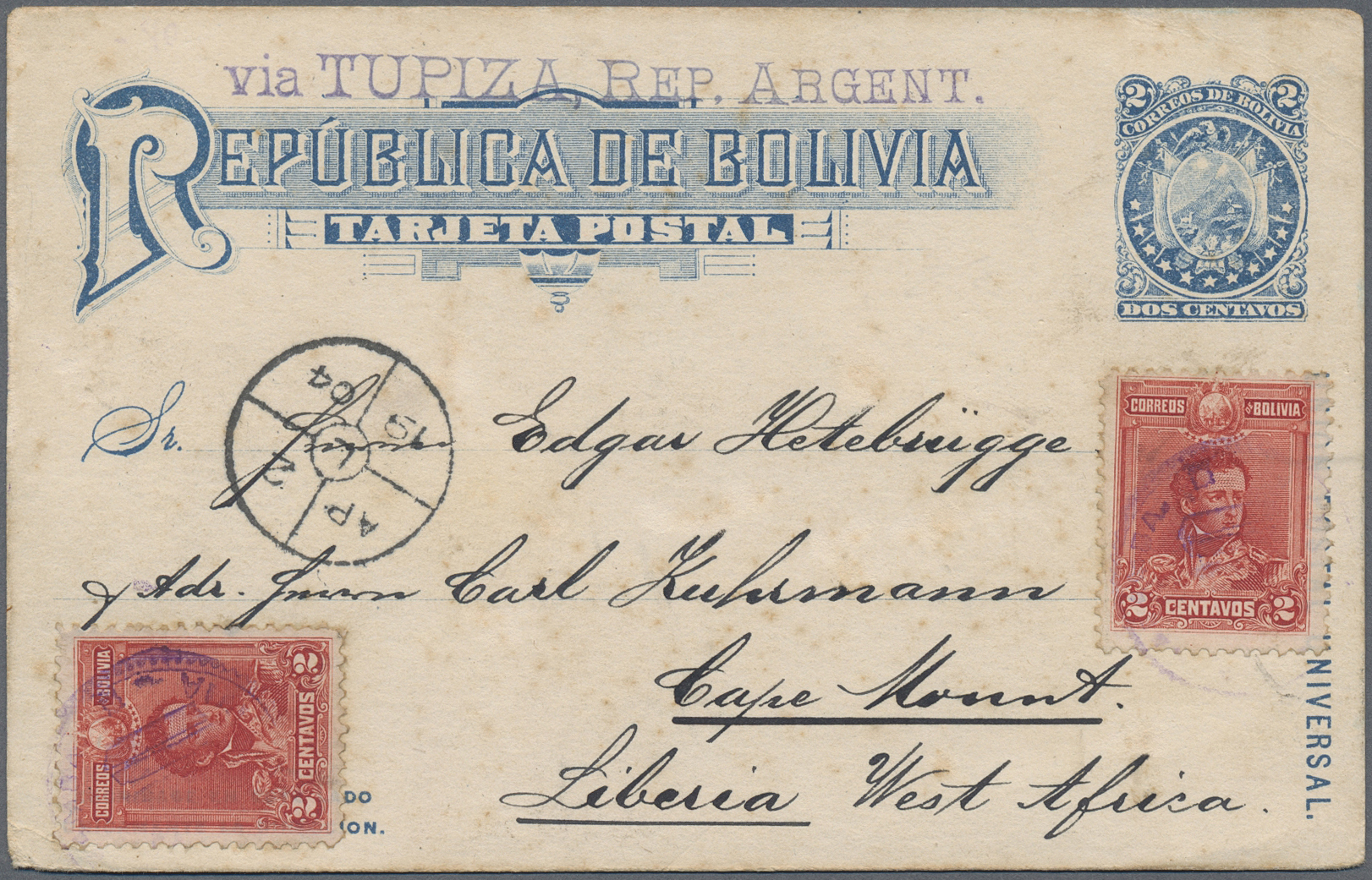 GA Liberia: 1904. Bolivian Postal Stationery 2c Blue Picture Post Card Upgraded With Yvert 60, 2c Carmine (2) Tied By Co - Liberia