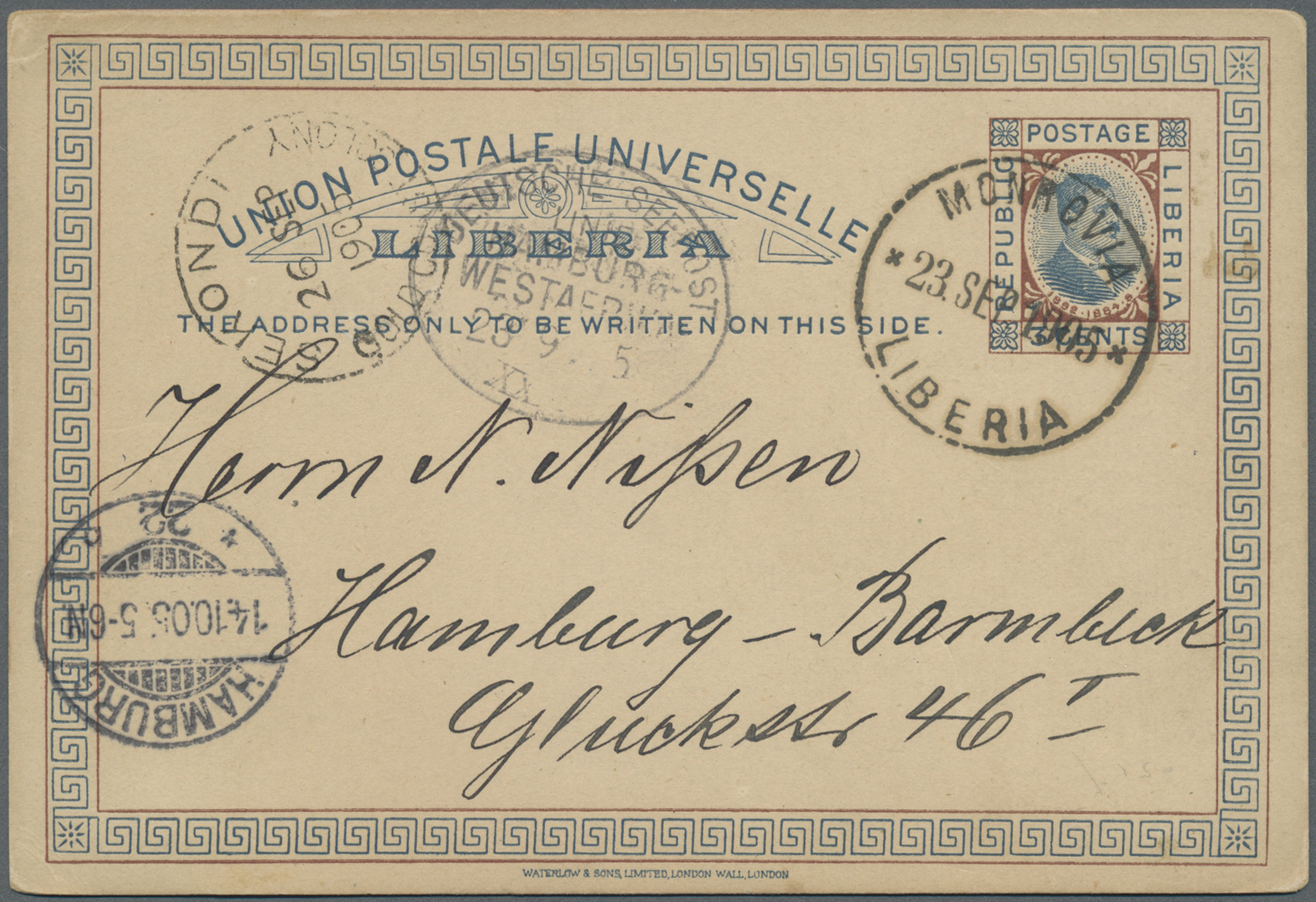 GA Liberia: 1905. Postal Stationery Card 3 Cents Blue And Black Cancelled By Monrovia Date Stamp Addressed To Gerrnany W - Liberia
