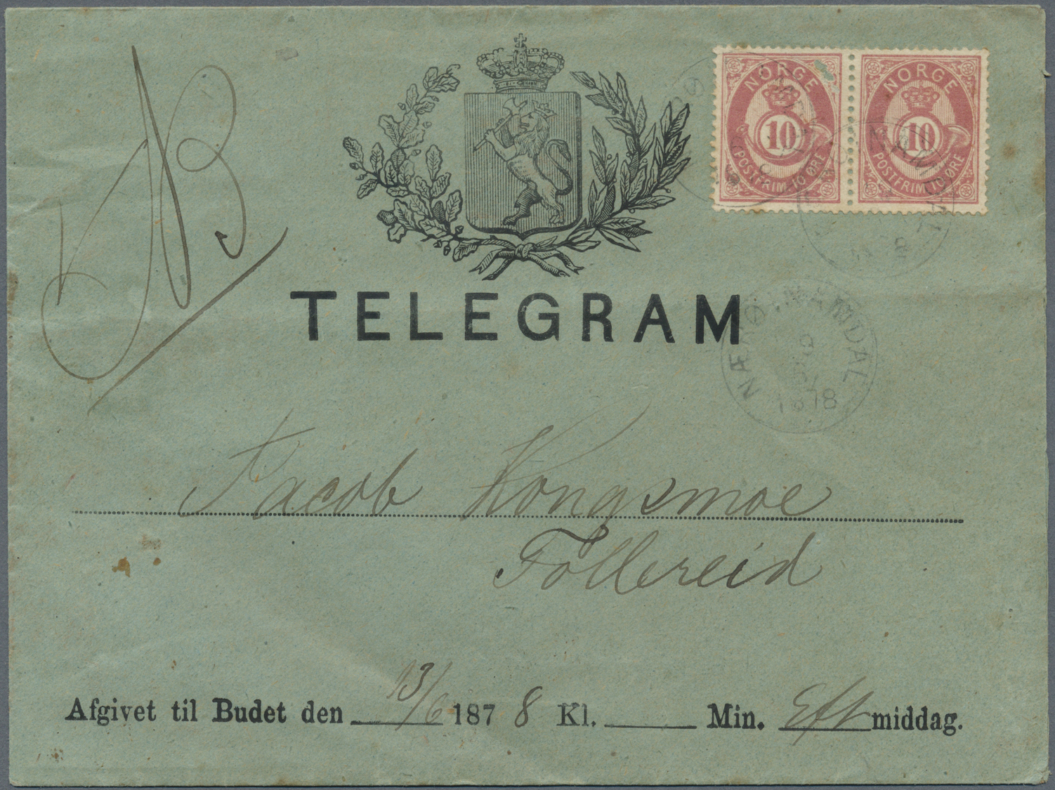 Br Norwegen: 1877, 10 ö. Rose, Horizontal Pair Tied By Cds. "NÆRØY NAMDAL 19.6." To Preprinting Cover "TELEGRAM", - Unused Stamps