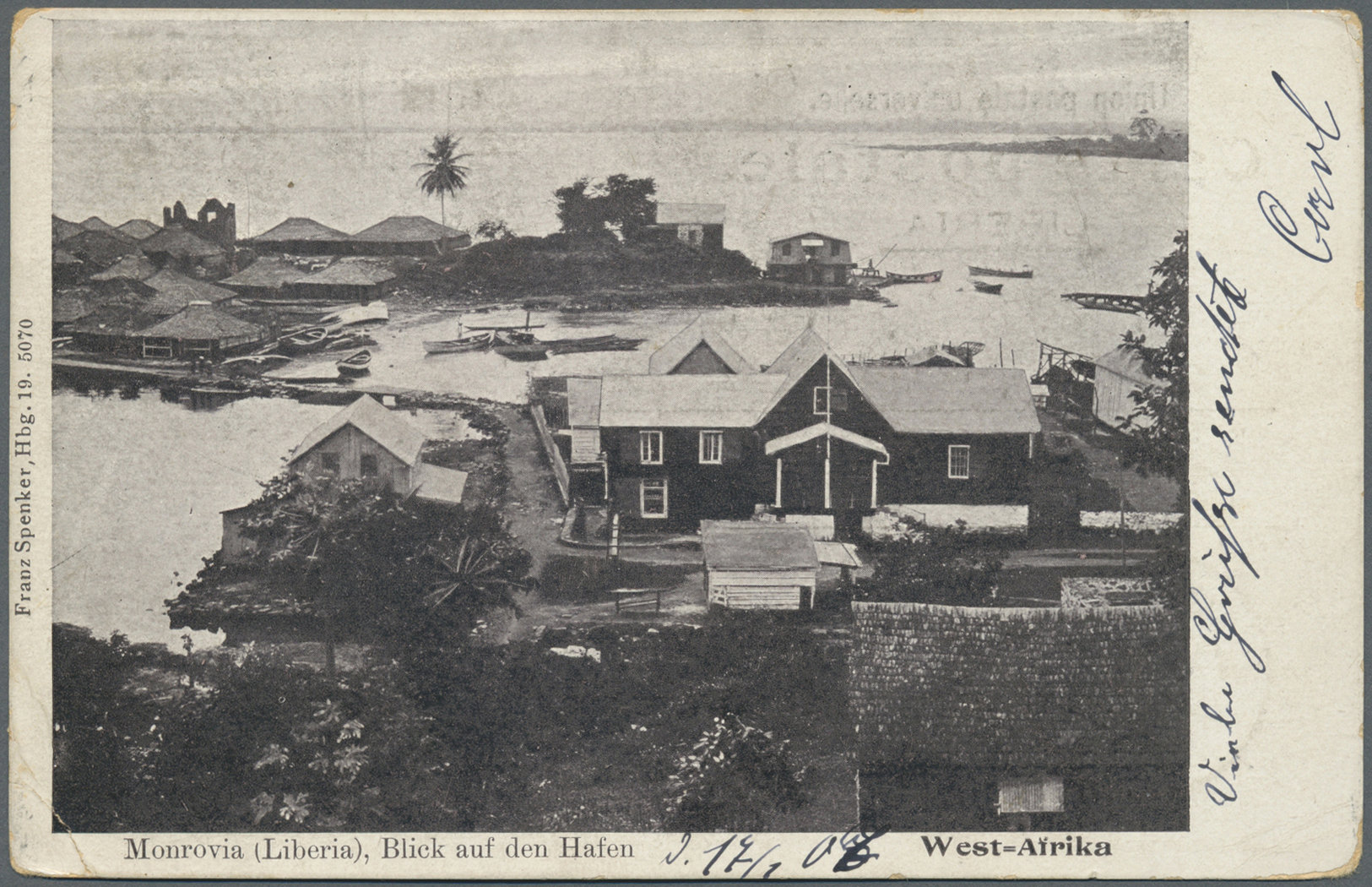 Br Liberia: 1907. Picture Post Card Of Monrovia Addressed To Germany Bearing Yvert 74, 3c Black Mixed With Spain Yvert 2 - Liberia