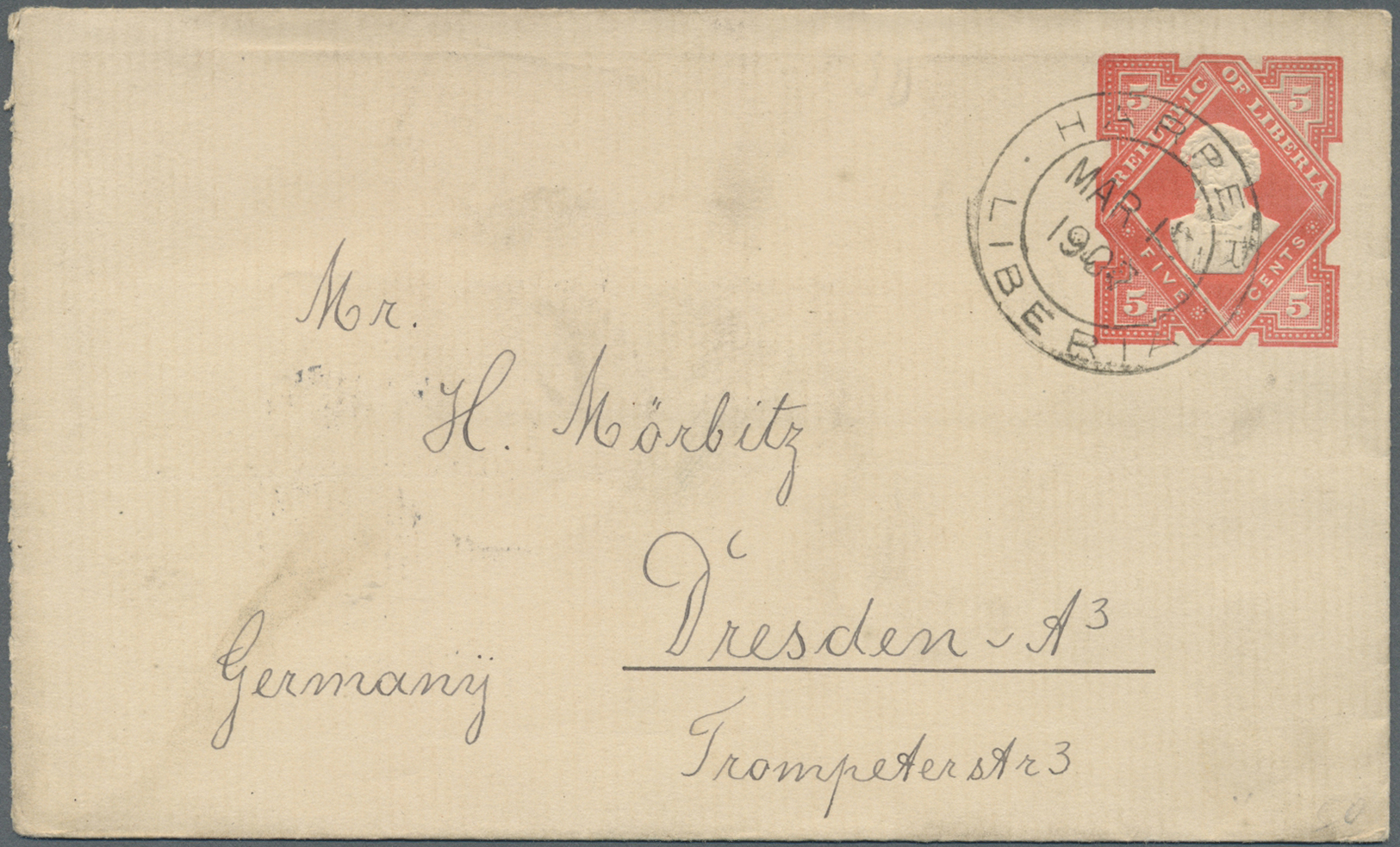 GA Liberia: 1907, 5c. Rose Red Postal Stationery Envelope Tied By "HARPER LIBERIA MAR/15/1907" Cds. Addressed To Germany - Liberia