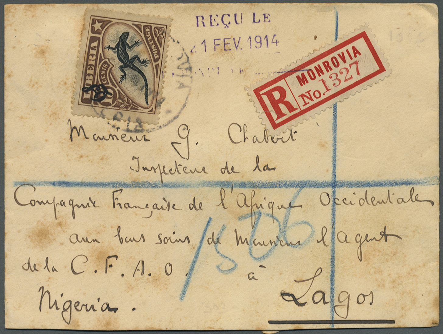 Br Liberia: 1914. Registered Envelope (stains) Addressed To The 'French Afrique, Agent, Lagos, Nigeria' Bearing Official - Liberia