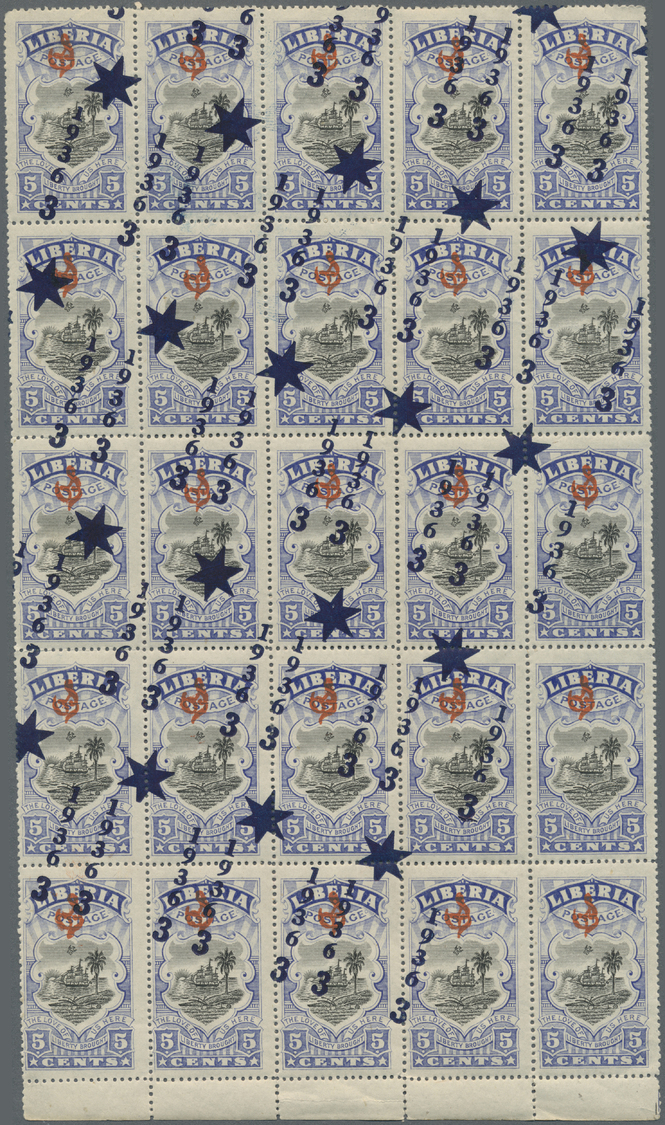 ** Liberia: 1936, 5 Cent Definitive Stamp In Mnh Block Of 25 With Diagonal Overprint " 3 " And "136". - Liberia