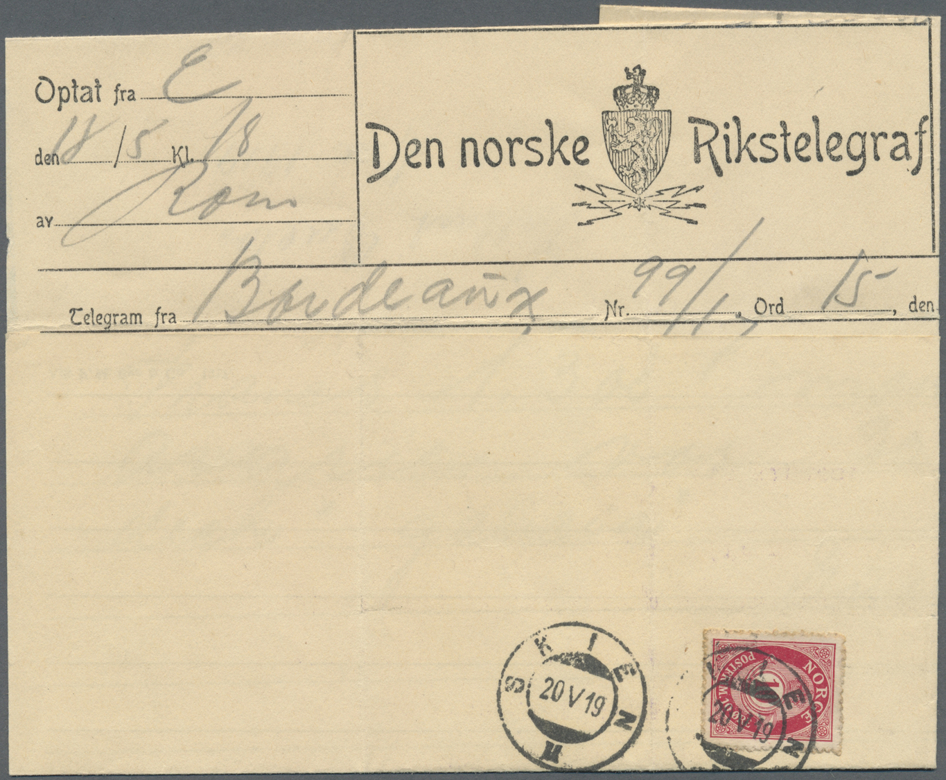 Br Norwegen: 1919, 20.5., Telegramm Aus Bordeaux Nach Skien Mit 10 Öre Posthorn Frankiert, Selten. - Unused Stamps