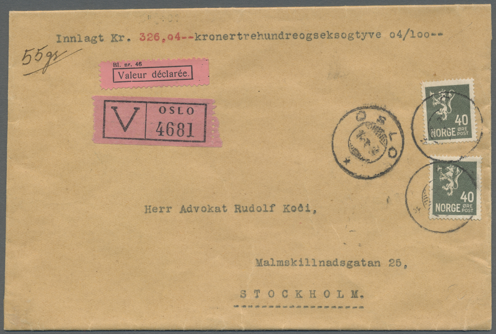 Br Norwegen: 1934 (6.7.), Lion 40öre Greenish-grey Two Singles On INSURED Cover From Oslo To Stockholm With Two D - Unused Stamps