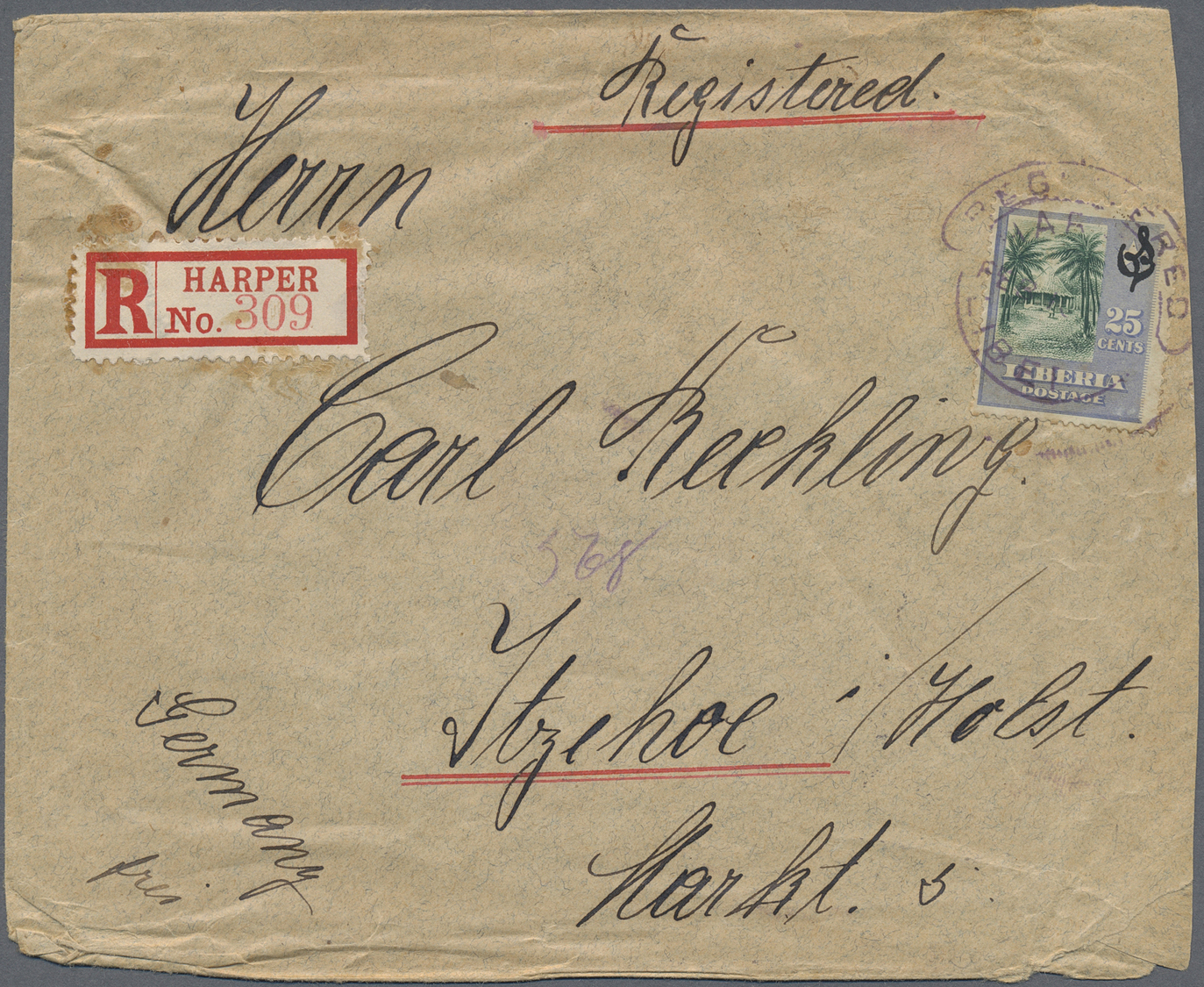 Br Liberia - Dienstmarken: 1914. Registered Envelope (creases) Addressed To Germany Bearing 'Official' Yvert 65, 25c Blu - Liberia