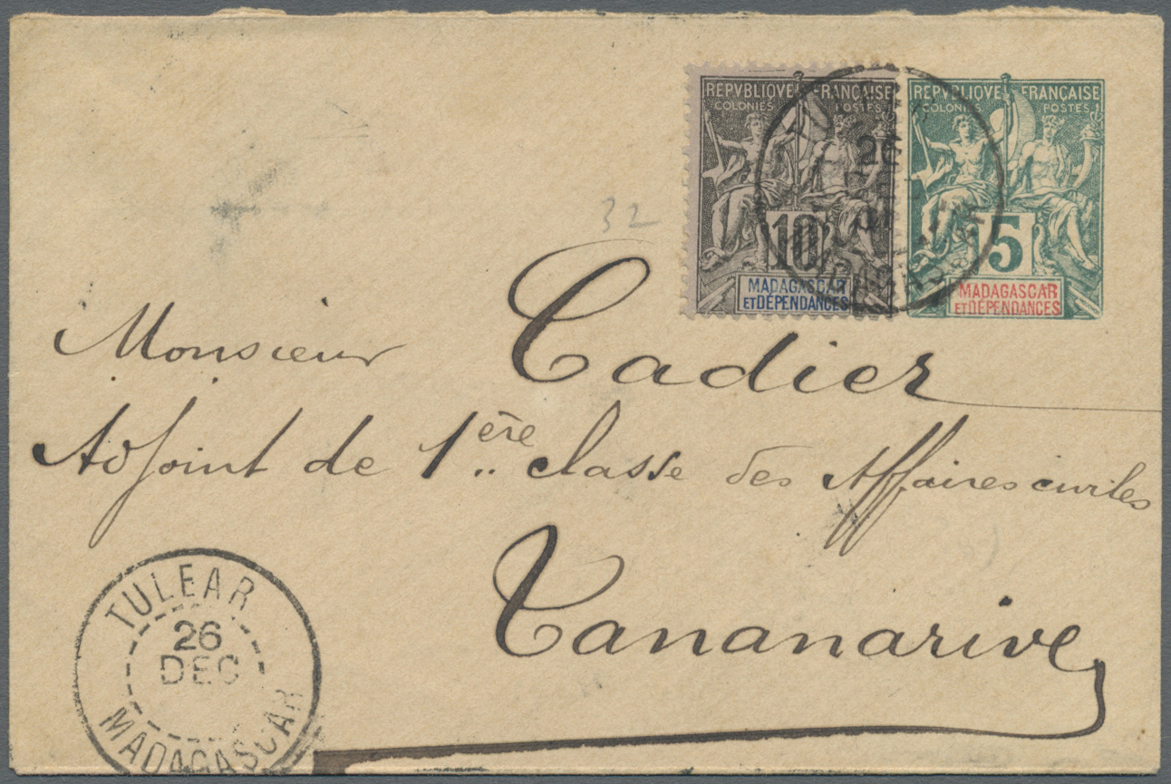 GA Madagaskar: 1896 (ca.). Postal Stationery Envelope 5c Green Upgraded With Yvert 32, 10c Black And Blue Tied By Tulear - Madagascar (1960-...)