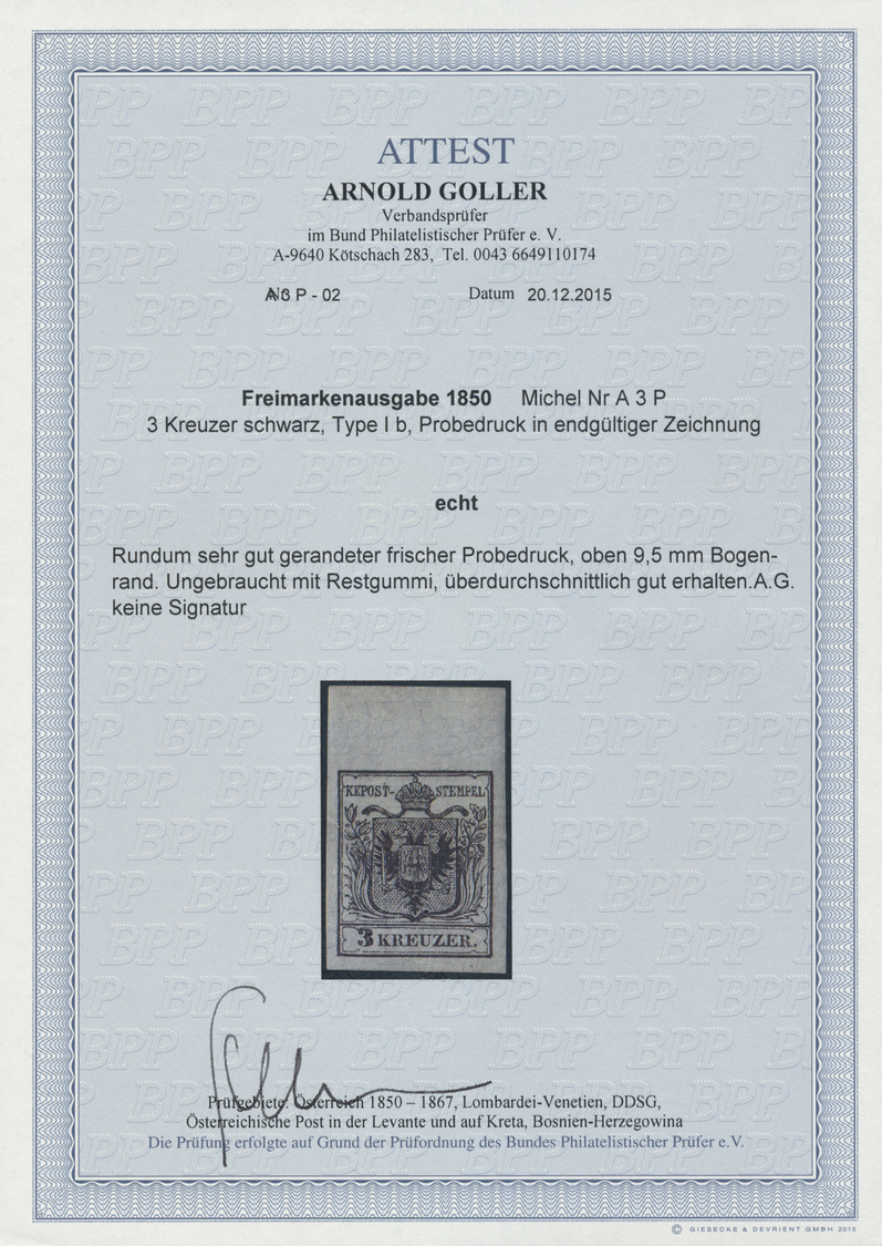 * Österreich: 1850/54: 3 Kreuzer Schwarz, Type I B, Probedruck In Endgültiger Zeichnung. Laut Dr. Ferchenbauer: - Unused Stamps