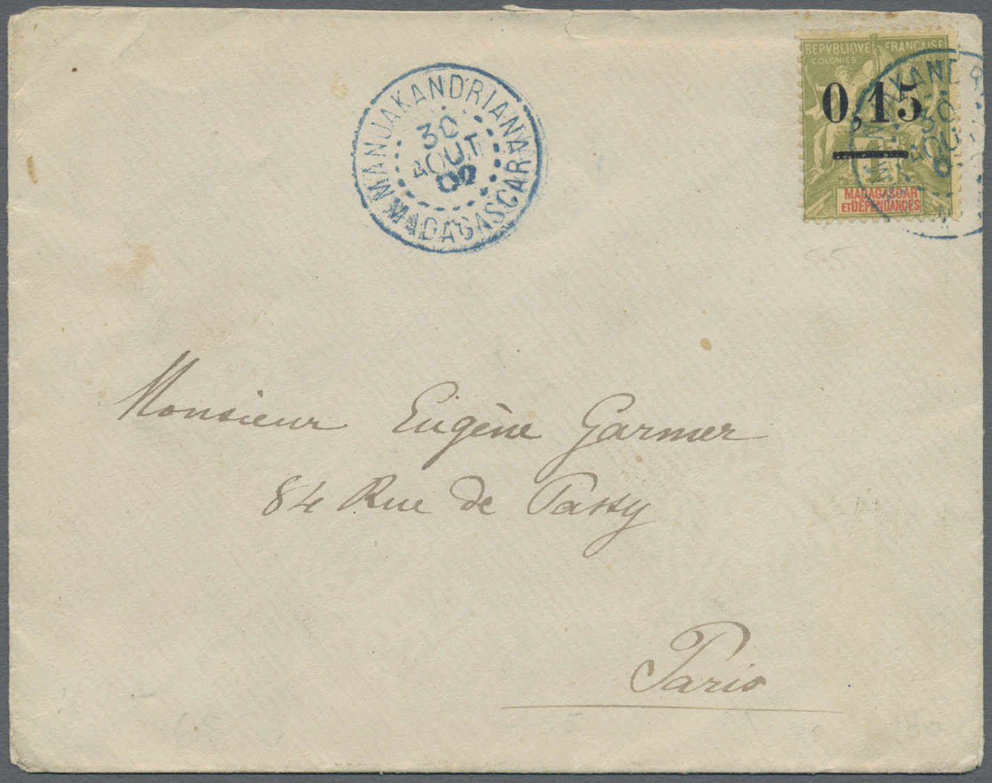 Br Madagaskar: 1902. Envelope Addressed To France Bearing Yvert 55, 0.15 On 1f Olive Tied By Manjakandriana/Madagascar D - Madagascar (1960-...)