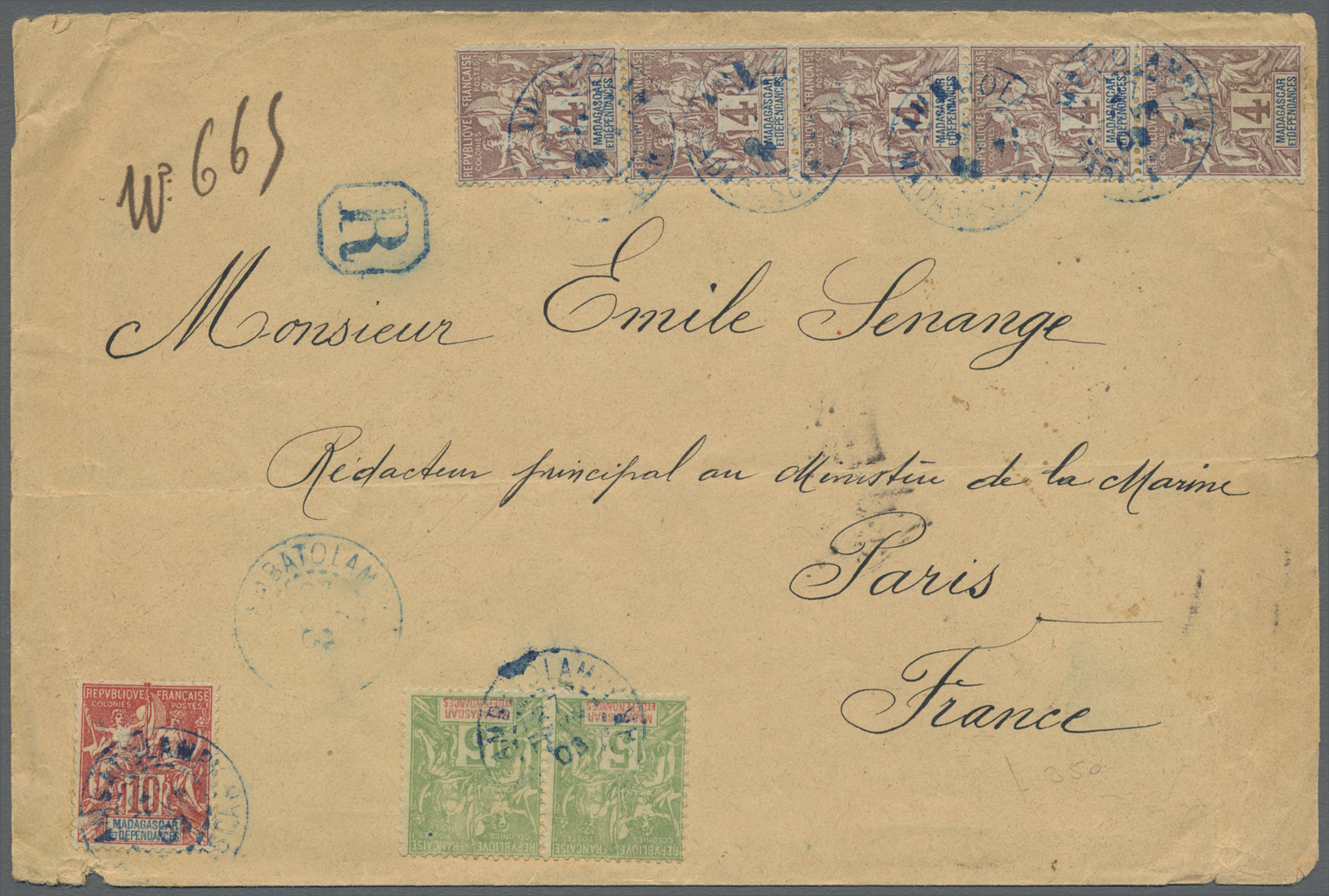 Br Madagaskar: 1903. Registered Envelope Addressed To France Bearing Madagascar Yvert 30, 4c Lilac-brown (strip Of 5), Y - Madagascar (1960-...)