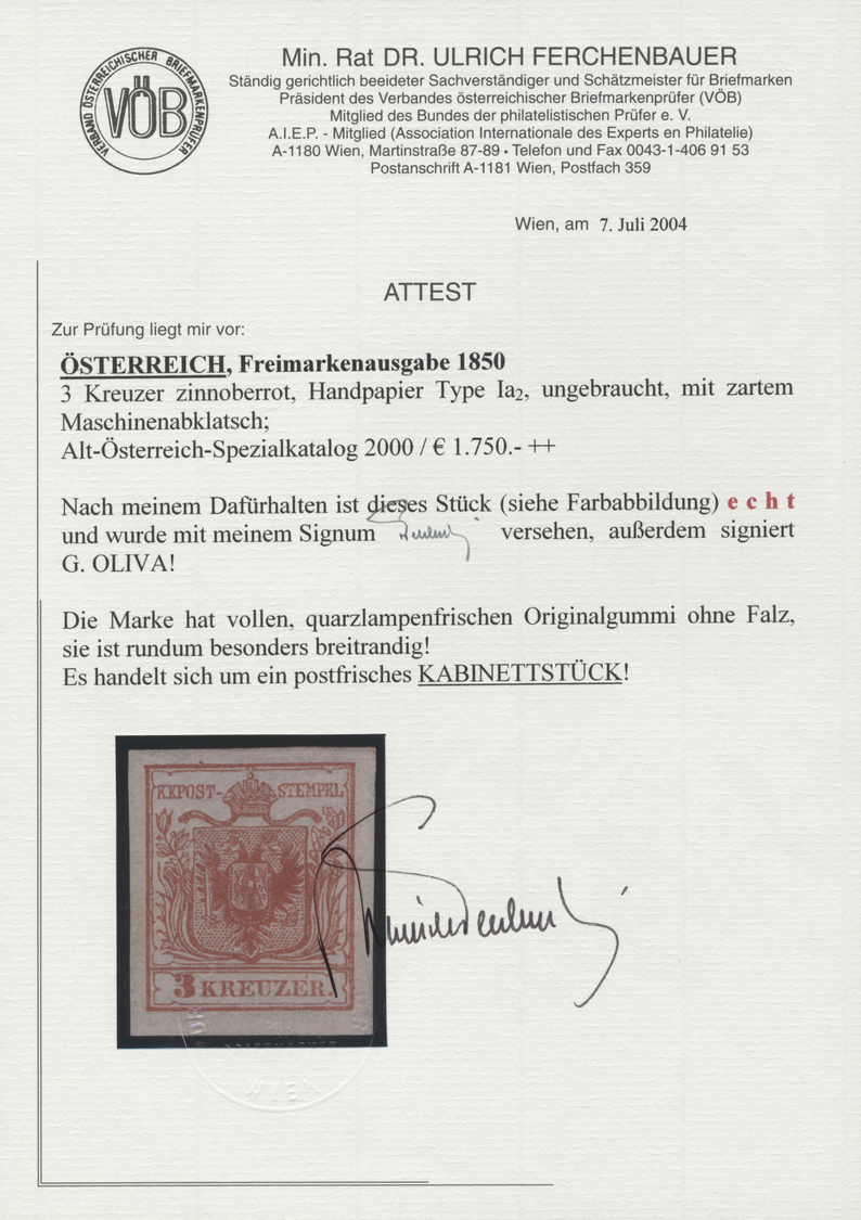 * Österreich: 1850/54: 3 Kreuzer Zinnoberrot, Handpapier Type I A2, Ungebraucht Mit Zartem Maschinenabklatsch. L - Unused Stamps