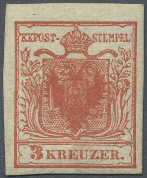 * Österreich: 1850/54: 3 Kreuzer Tiefrosa, Handpapier Type I B, Ungebraucht. Laut Dr. Ferchenbauer: "Das Stück H - Neufs