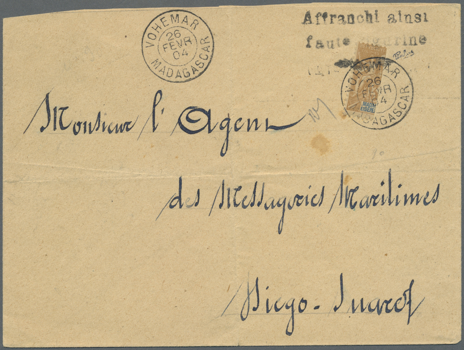 Br Madagaskar: 1904, Letter Sent From VOHEMAR 26 FEVR 04 With Bisected 30 Cent. Allegorie Two Lined "Affranchi Ainsi Fau - Madagascar (1960-...)