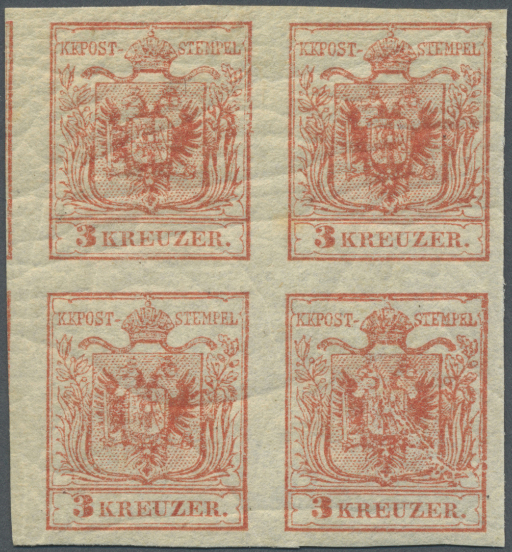 */ Österreich: 1850/54: 3 Kreuzer Rot, Im Ungebrauchten VIERER-BLOCK, Laut Fotoattest Dr. Ferchenbauer "Der Block - Neufs