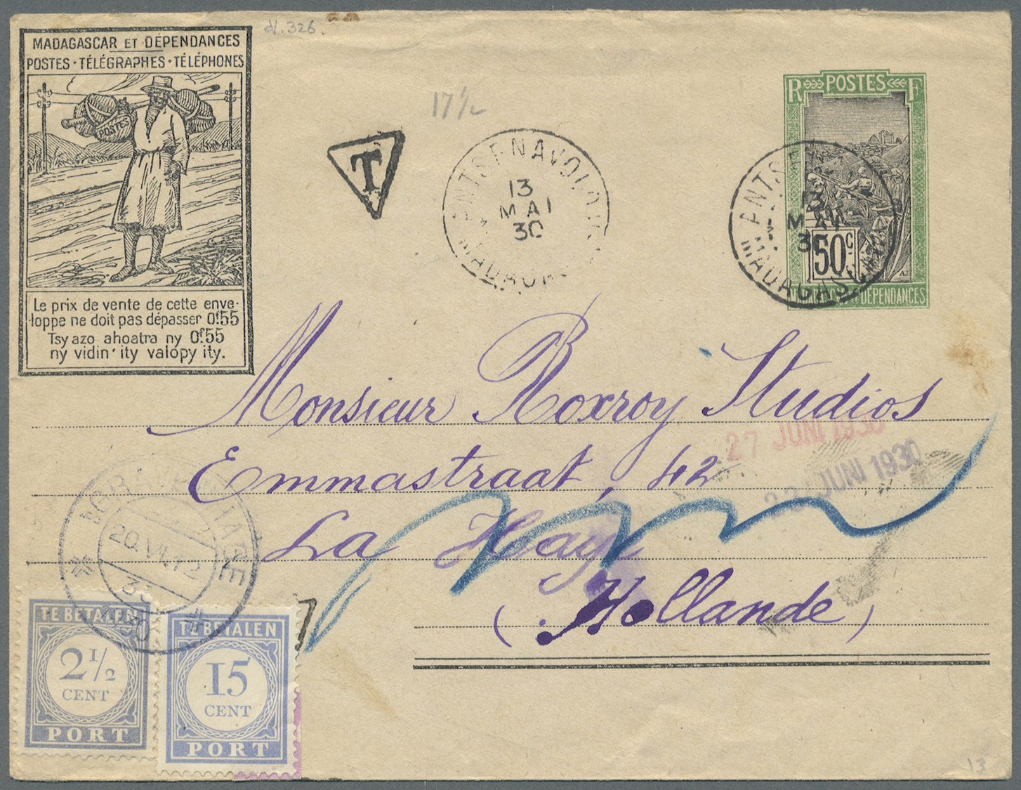 GA Madagaskar: 1930, 50 C Black/green Postal Stationery Envelop -at  Left Side Advertisment Of The Postal Administration - Madagascar (1960-...)