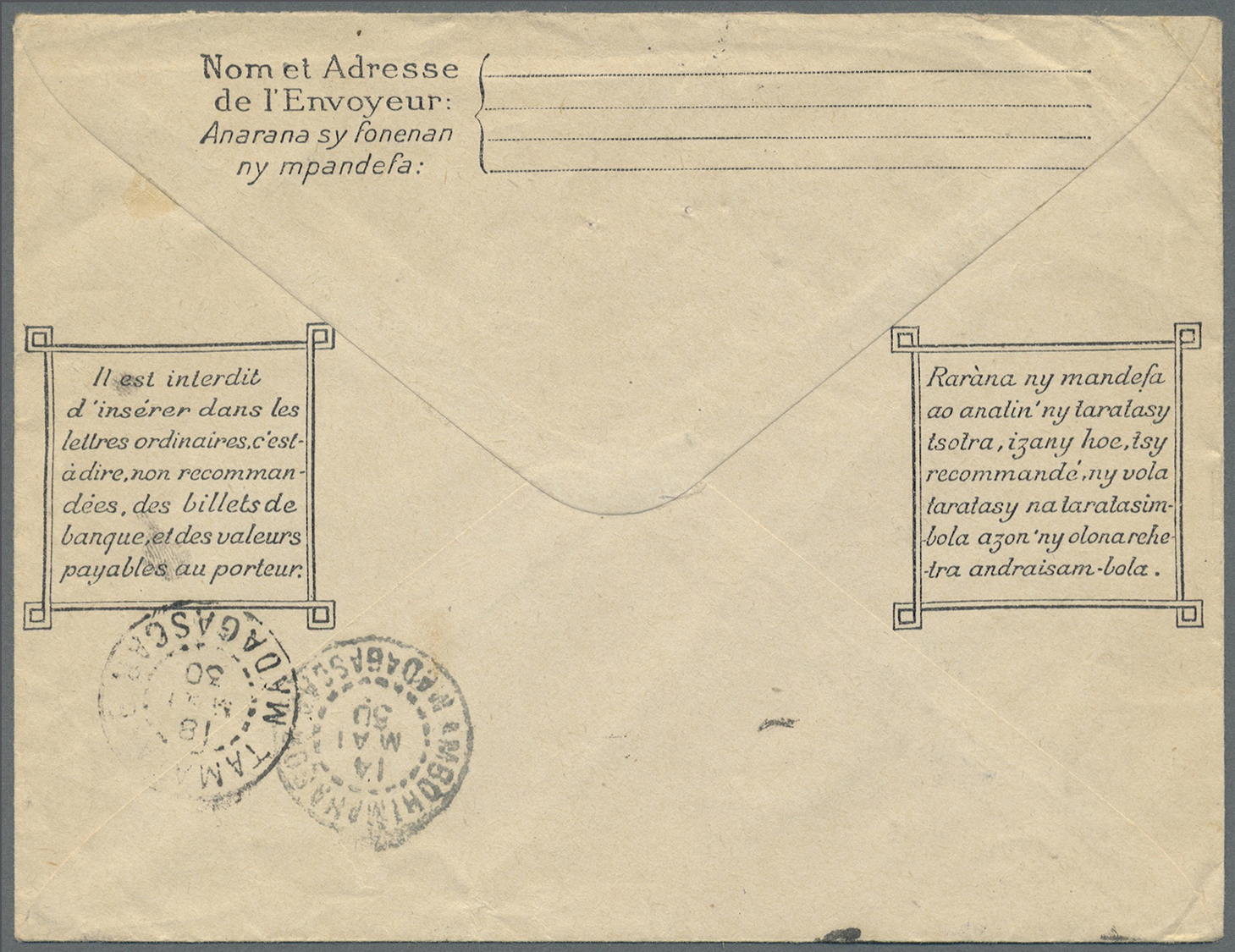 GA Madagaskar: 1930, 50 C Black/green Postal Stationery Envelop -at  Left Side Advertisment Of The Postal Administration - Madagascar (1960-...)