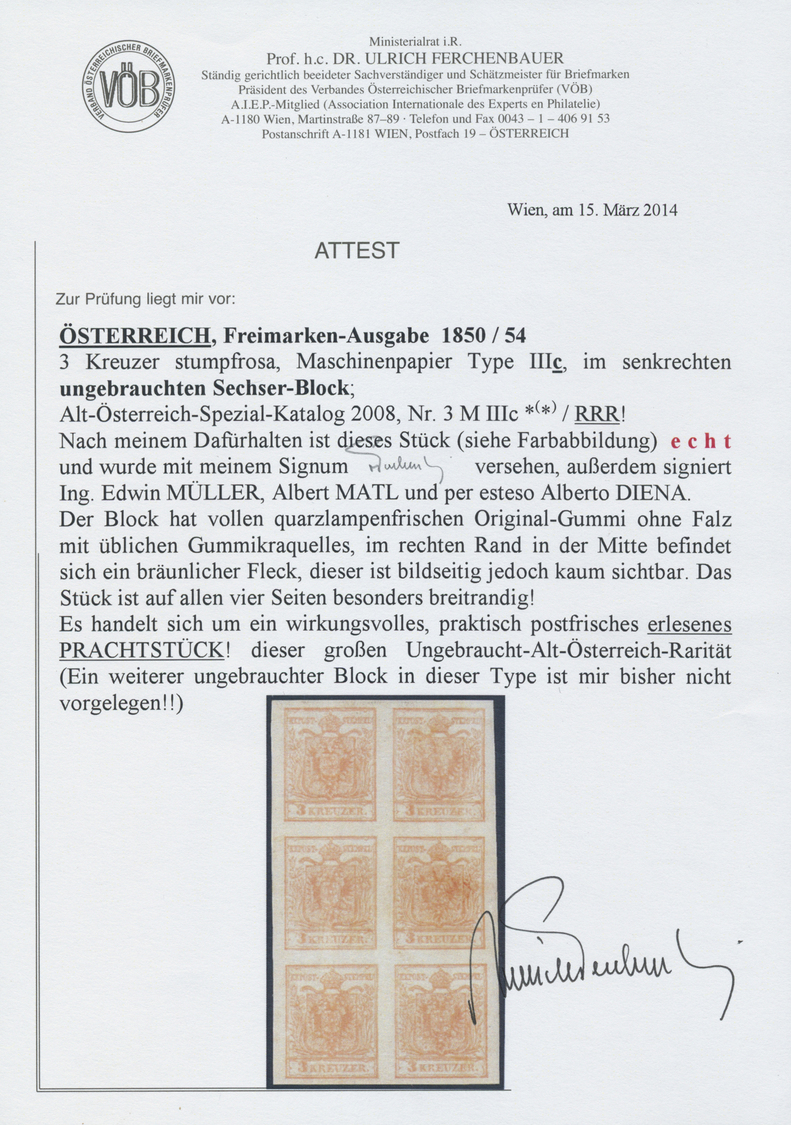 * Österreich: 1850/54: 3 Kreuzer Stumpfrosa, Maschinenpapier Type III C, Im Senkrechten Ungebrauchten SECHSER-BL - Unused Stamps