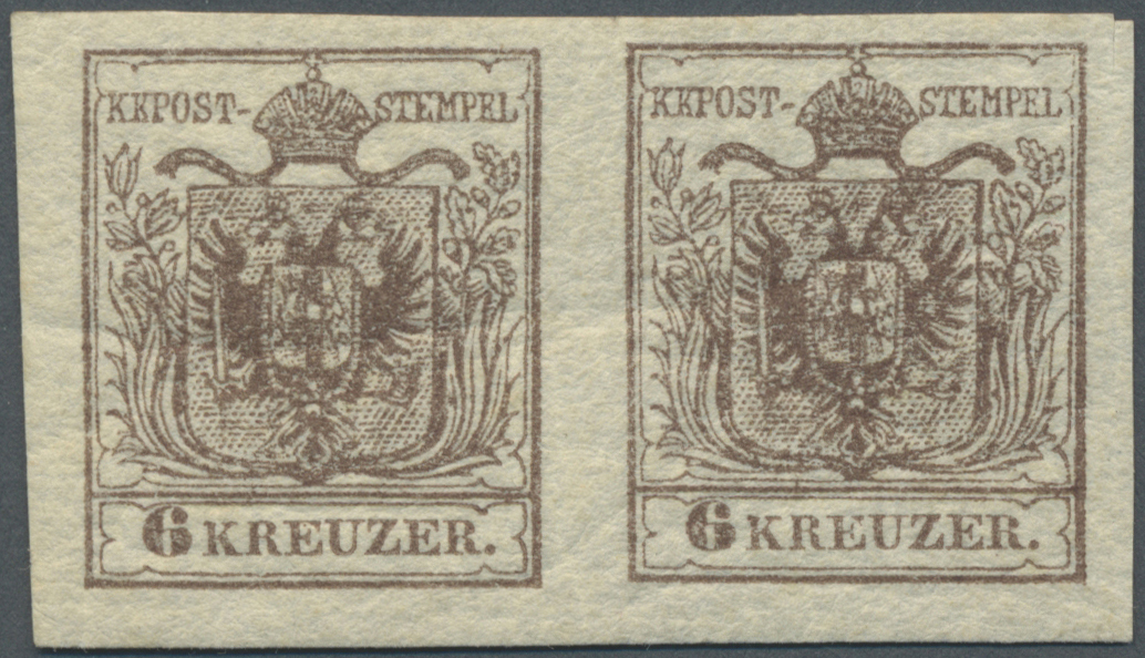 **/ Österreich: 1850/54: 6 Kreuzer Dunkelbraun, Handpapier Type III, Im Völlig Postfrischen Waagerechten Paar, Lau - Neufs