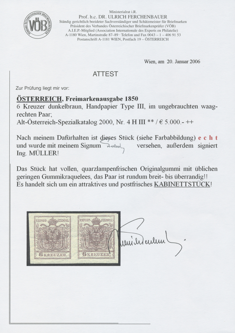 **/ Österreich: 1850/54: 6 Kreuzer Dunkelbraun, Handpapier Type III, Im Völlig Postfrischen Waagerechten Paar, Lau - Unused Stamps