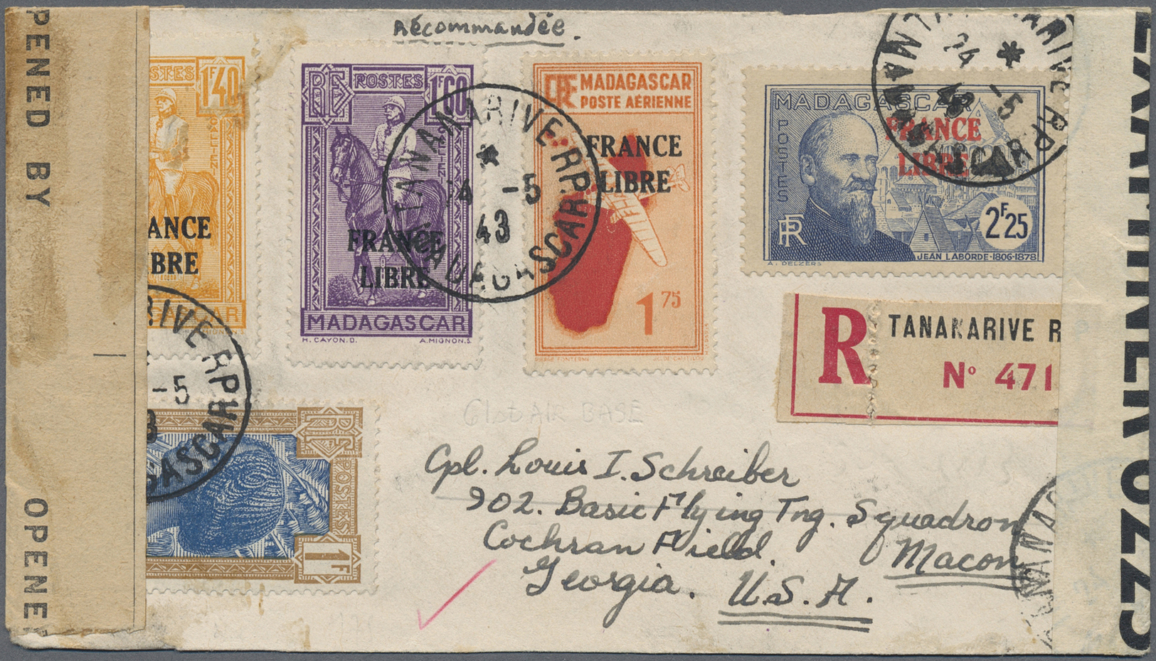 Br Madagaskar: 1943. Registered Envelope With Stains, Addressed To The United States Bearing Madagascar Yvert 175, 1f Bi - Madagascar (1960-...)