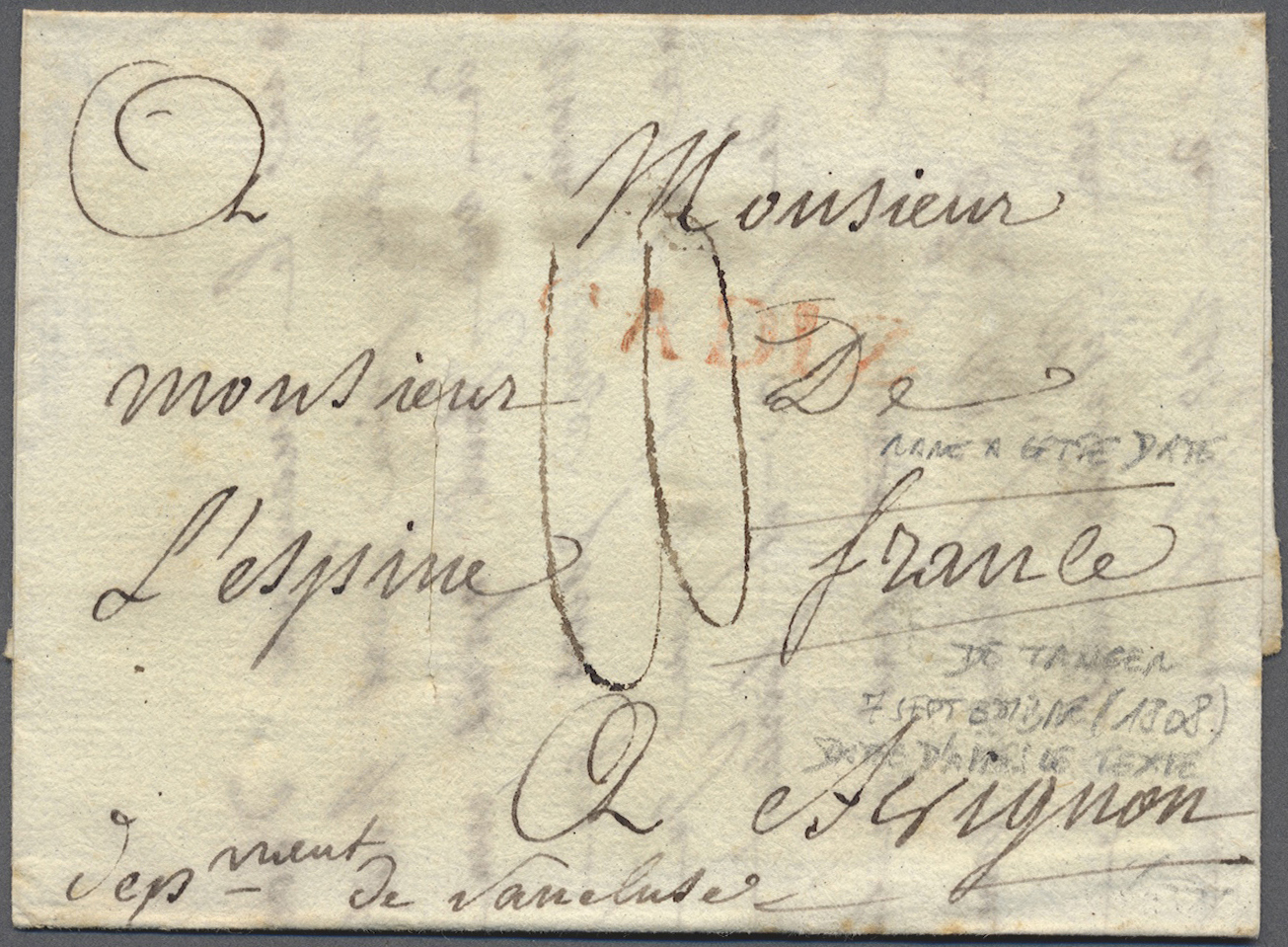 Br Marokko: 1808. Stampless Envelope Written From Tangier Dated '7th Sept' (1808) Addressed To France Cancelled By Hand- - Morocco (1956-...)