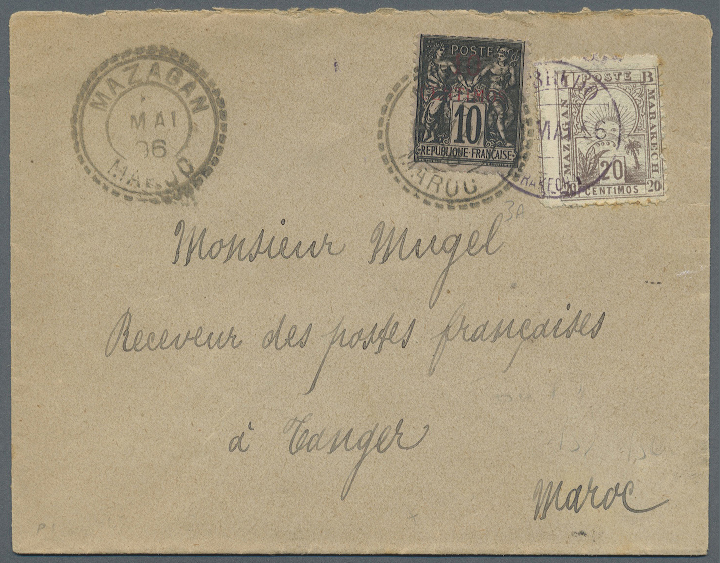 Br Marokko: 1896. Envelope Addressed To The 'Receiver Of The French Postes, Tangier' Bearing French Maroc Yvert 3a, 10c  - Morocco (1956-...)