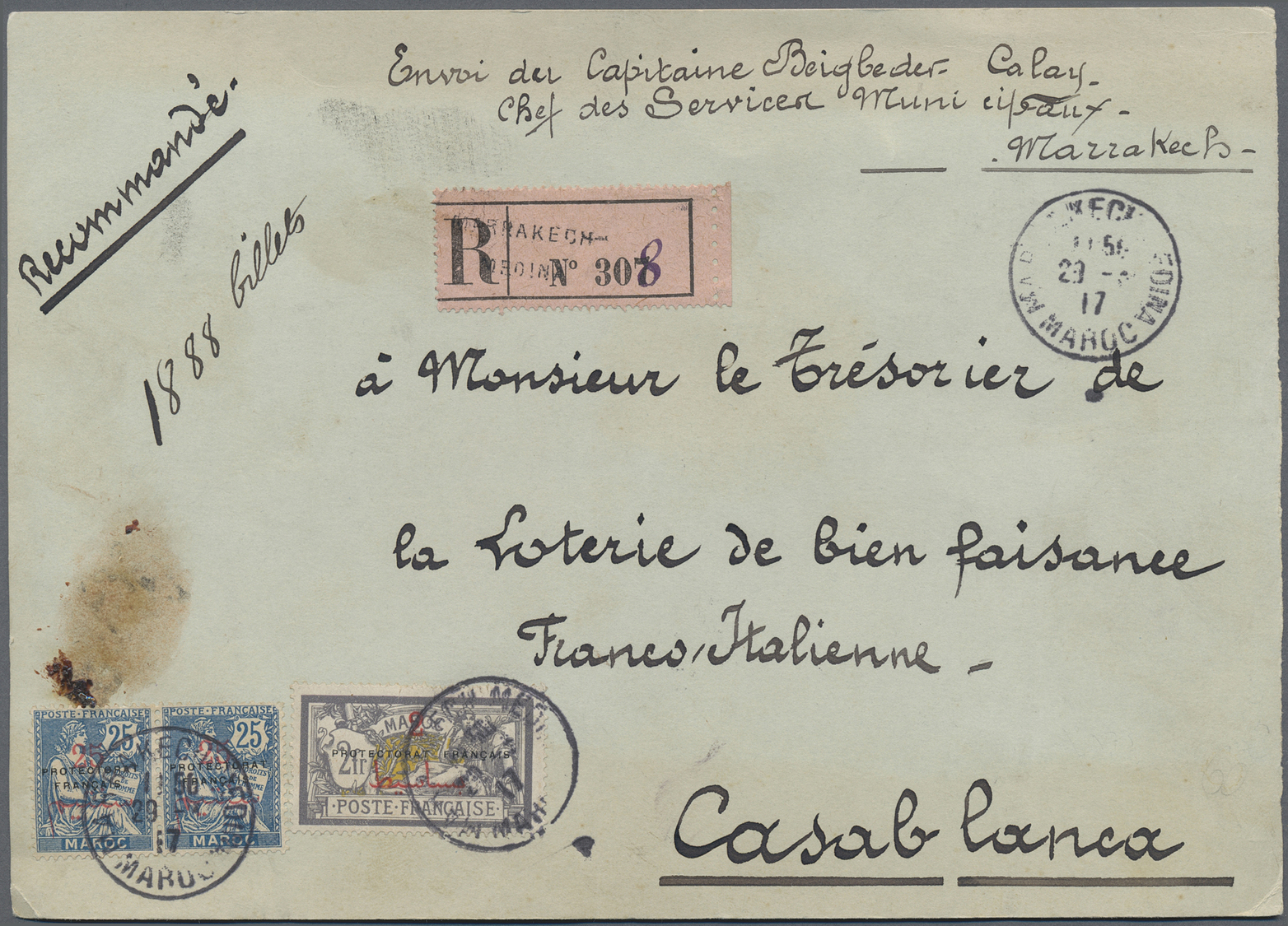 Br/Brrst Marokko: 1917. Registered Parcel Card Addressed To Casablanca Bearing French Maroc Yvert 44, 25c On 25c Blue (p - Morocco (1956-...)